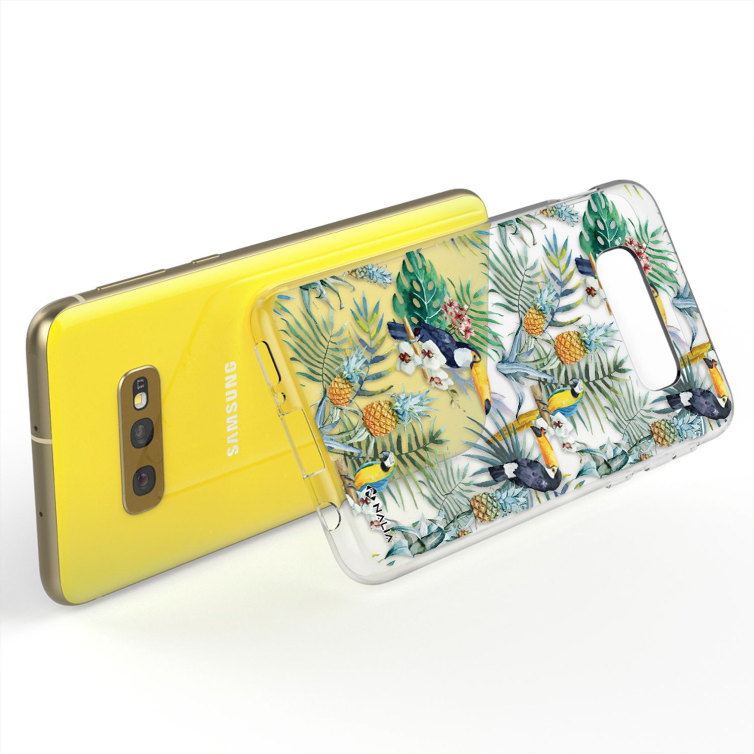 Ein gelbes Telefon mit einer transparenten Hülle mit tropischem Design mit Tukans.