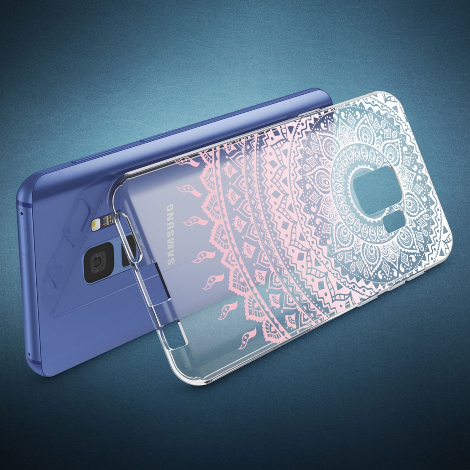Ein blaues Telefon mit einer transparenten Hülle mit einem rosa-weißen Mandala-Design.
