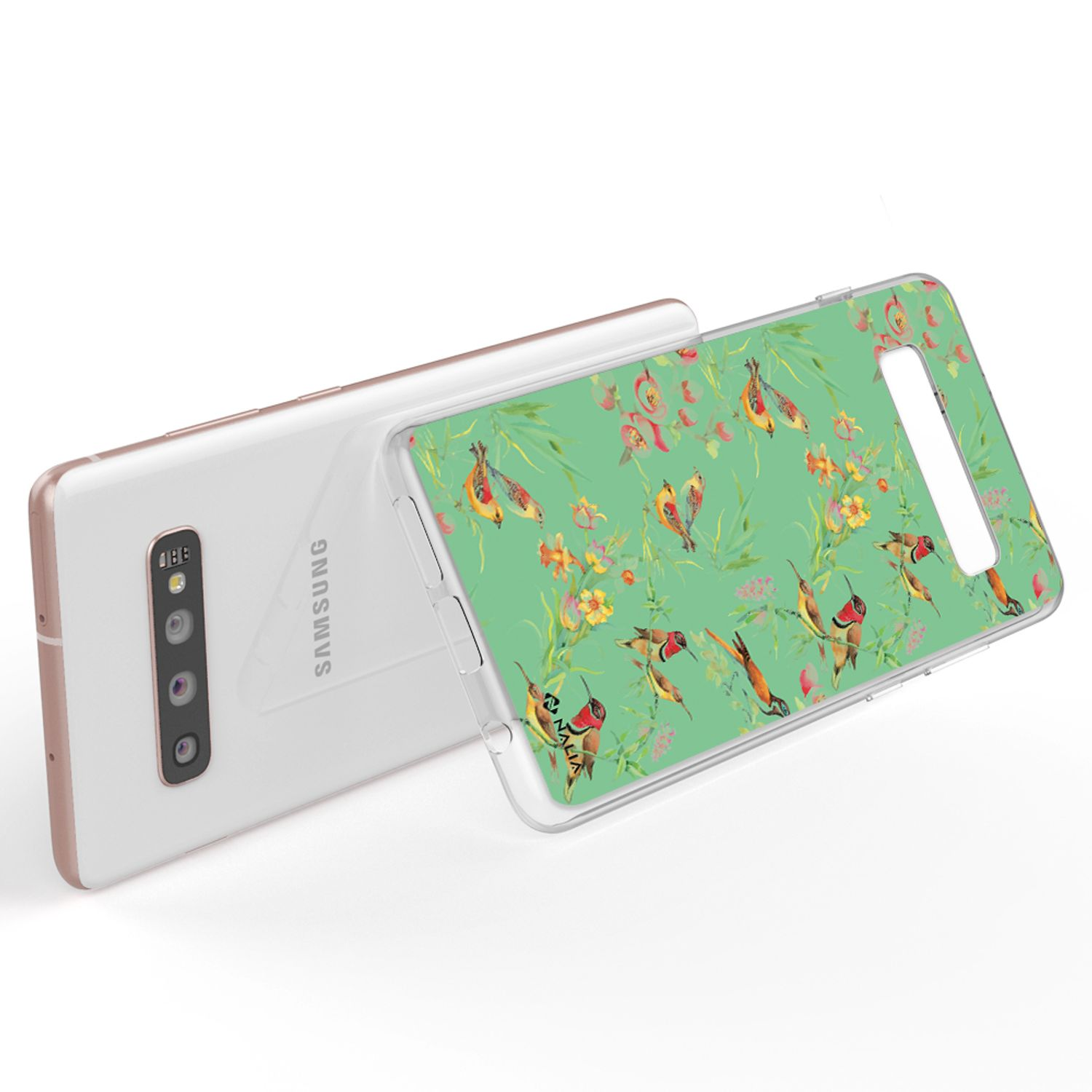 Telefon mit einer Blumenhülle. Die Hülle zeigt Vögel und Blumen. Weißer Hintergrund.