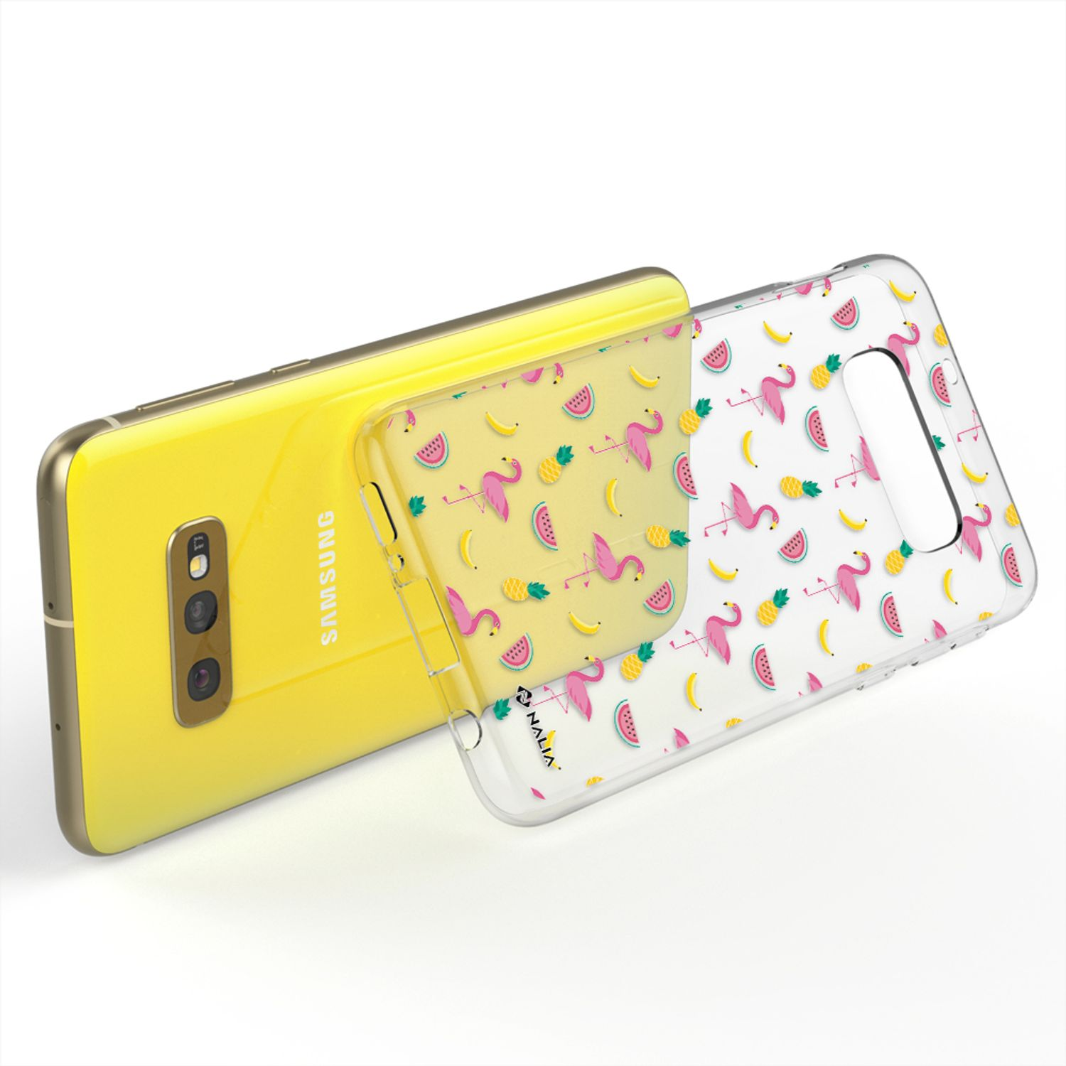 Gelbes Telefon mit Flamingo-Hülle. Das Telefon liegt auf weißem Untergrund.
