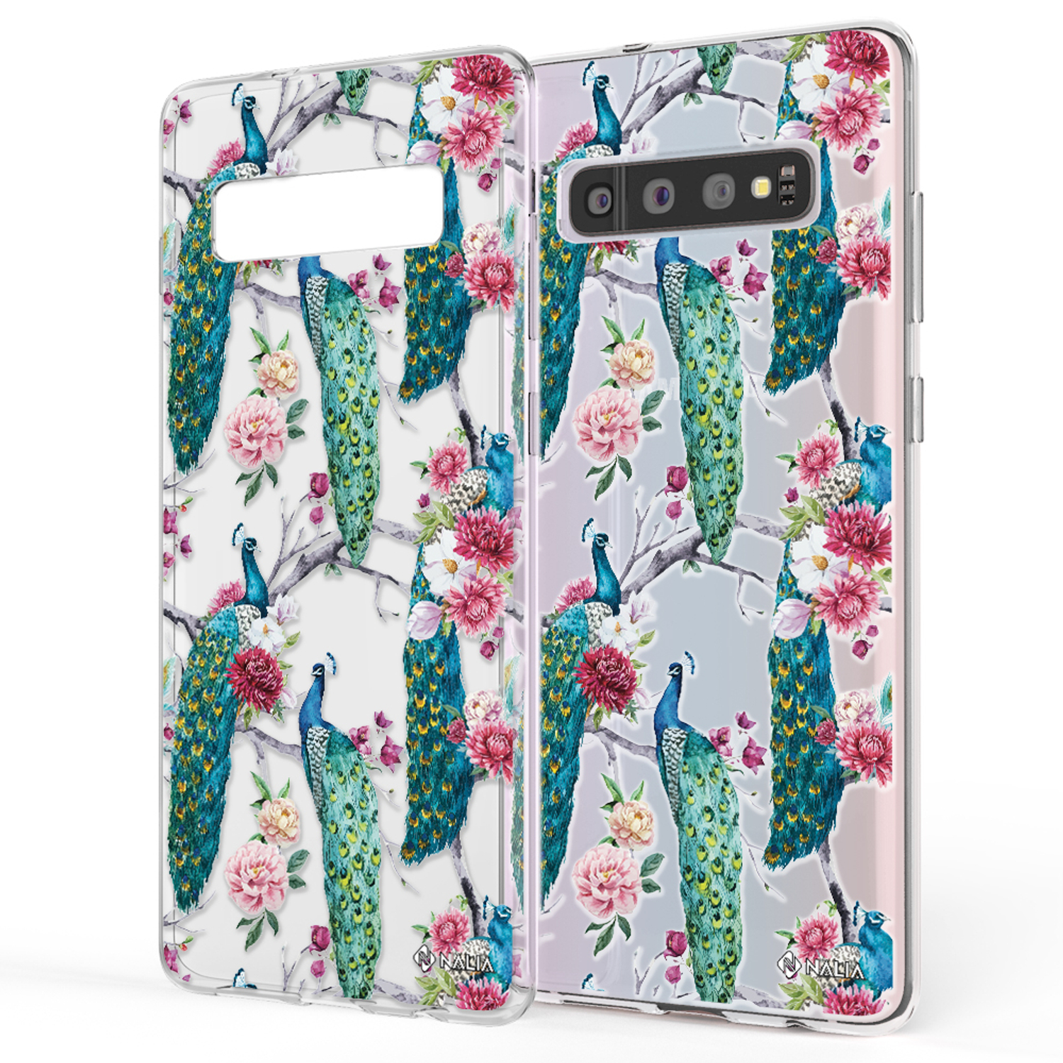 Ein Telefon mit einer Handyhülle im Pfauen-Design. Pfauen und Blumen sind sichtbar. Die Hülle ist teilweise auf dem Telefon.