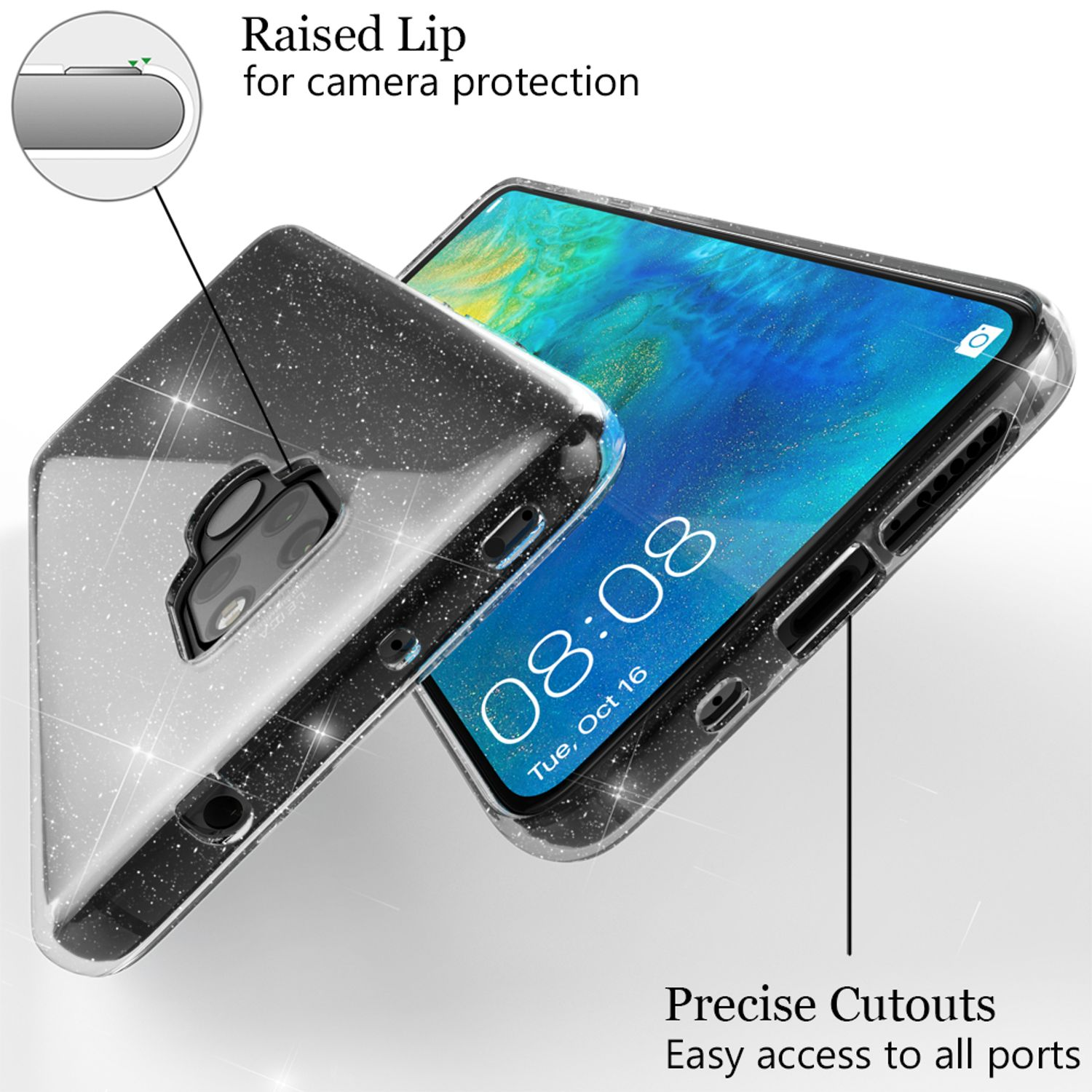 Transparente Handyhülle mit schwarzem Telefon. Erhöhter Rand zum Schutz der Kamera.
