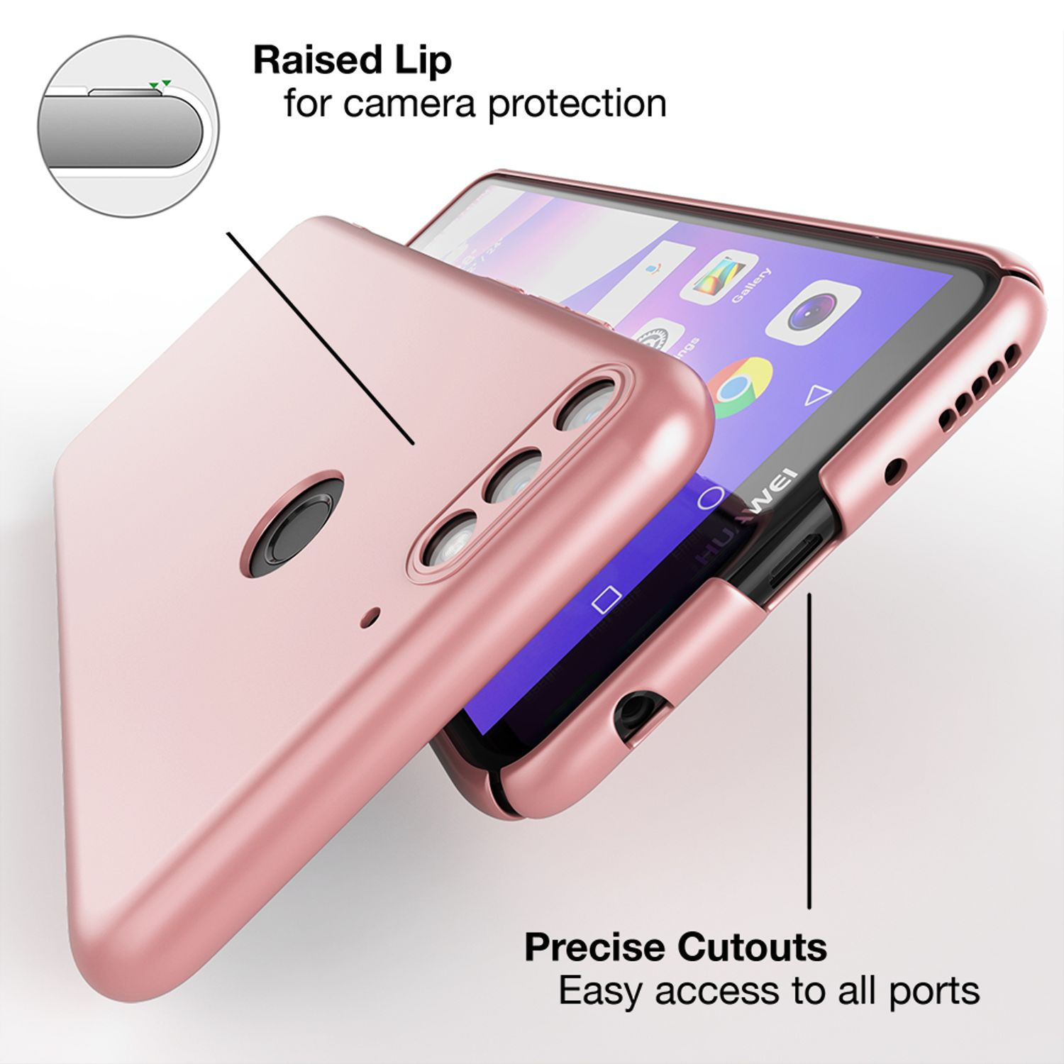 Eine rosa Handyhülle mit einem Telefon darin, mit einer erhöhten Lippe zum Schutz der Kamera.
