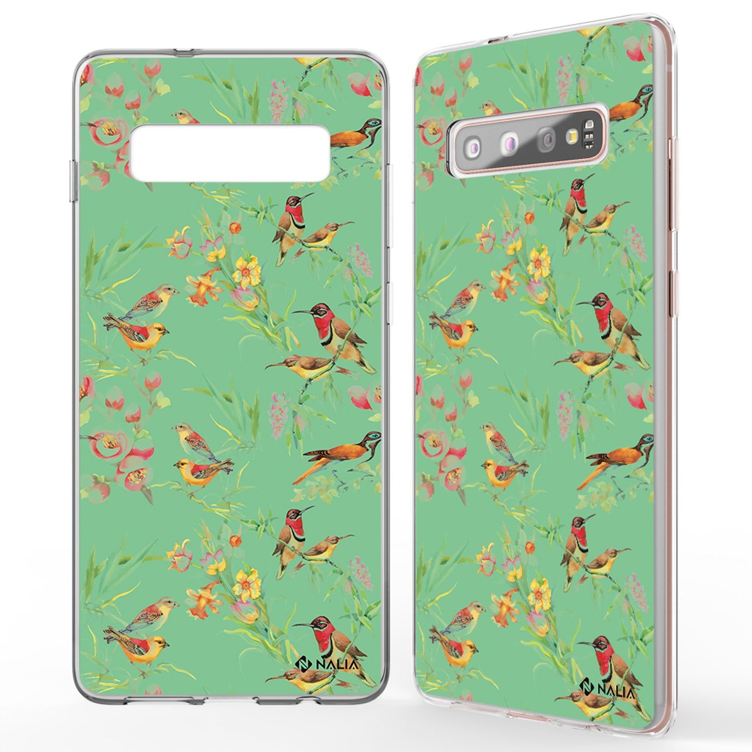 Handyhülle mit grünem Hintergrund, Vögel- und Blumendesign. Telefon rechts.