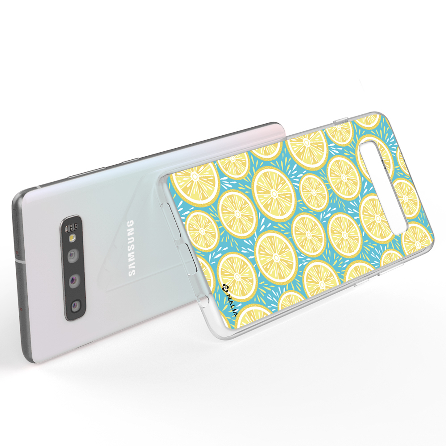 Ein weißes Telefon neben einer Handyhülle mit Zitronen auf blauem Hintergrund.