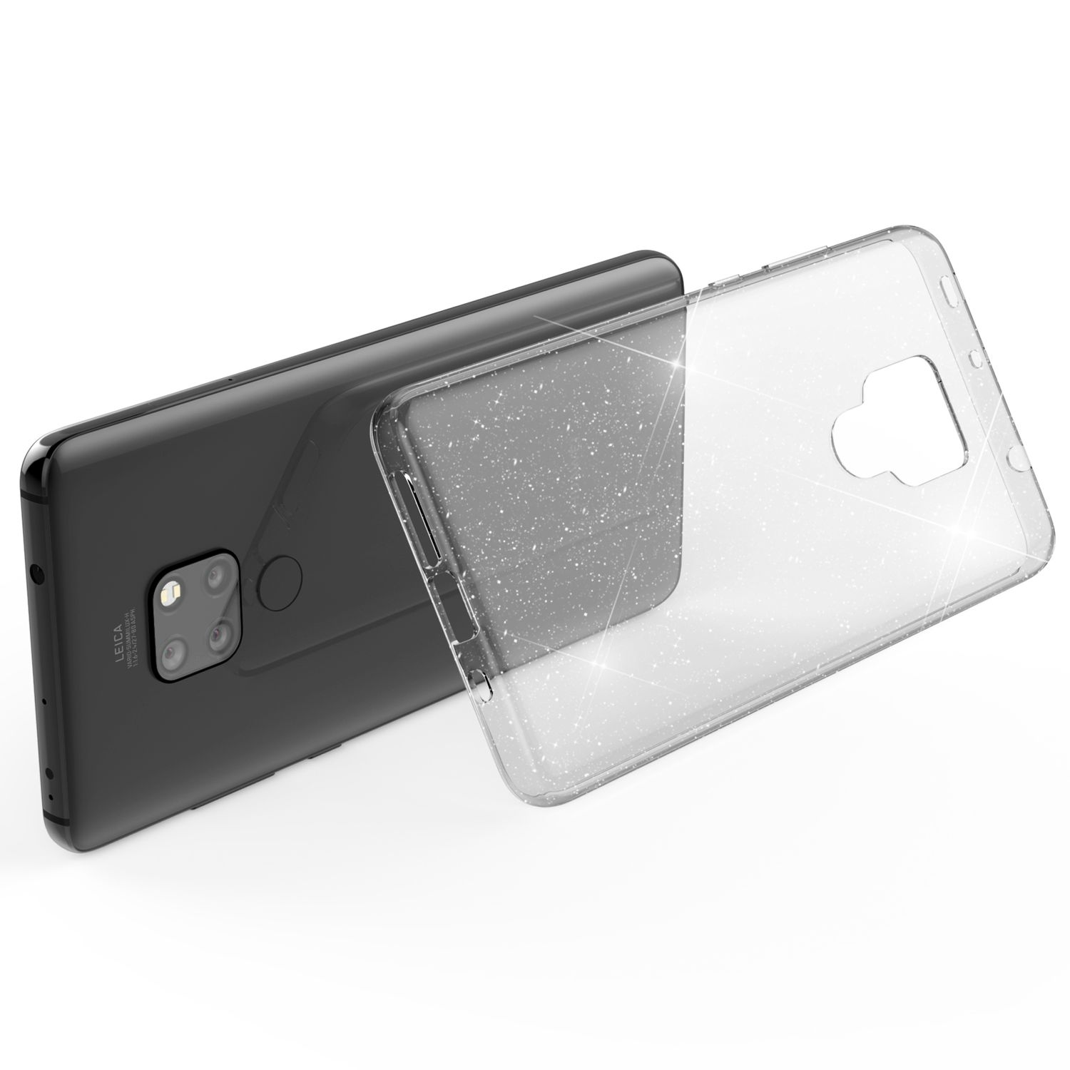 Schwarzes Smartphone mit transparenter Hülle mit Glitzer, neben der abgenommenen Hülle.