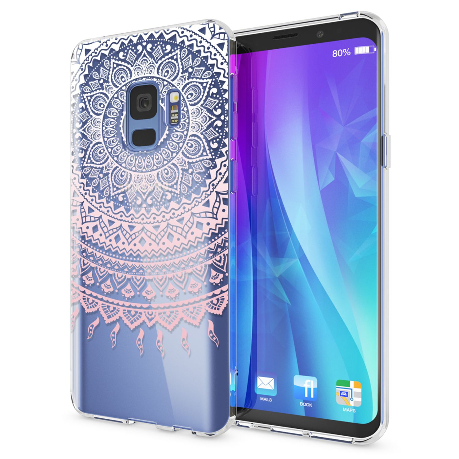 Transparente Handyhülle mit Mandala-Design. Das Telefon ist eingeschaltet.