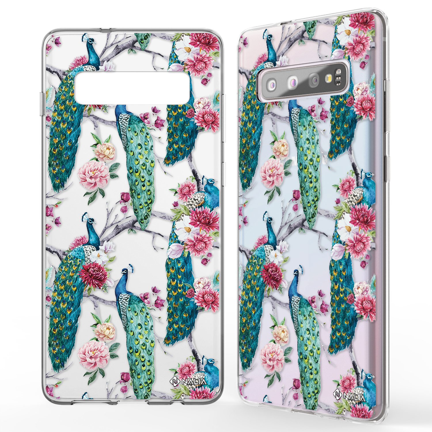 Handyhülle mit Pfauenmotiv. Die Hülle zeigt Pfauen und Blumen.