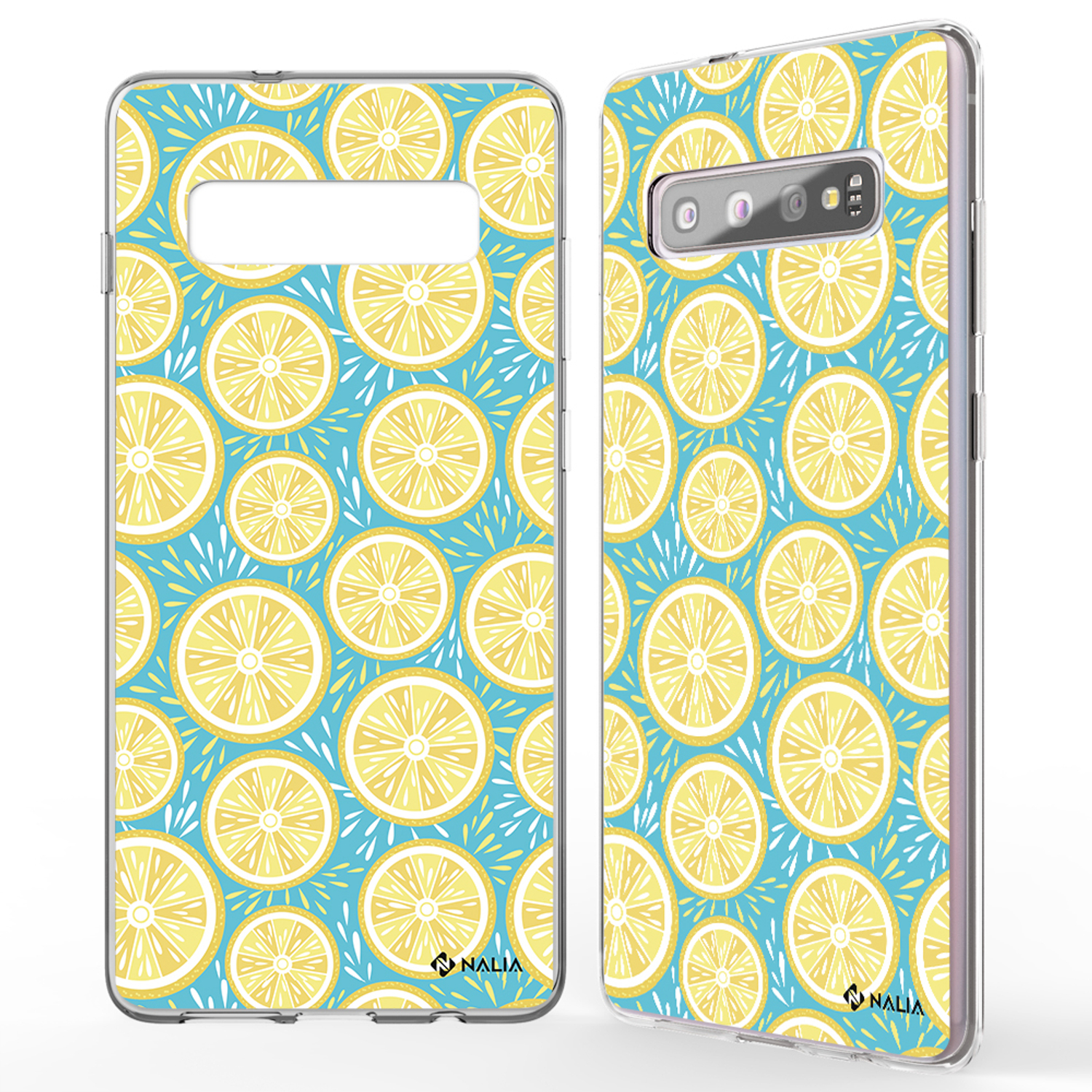 Handyhülle mit Zitronenscheiben auf blauem Hintergrund. Das Telefon hat einen blau-gelben Hintergrund.