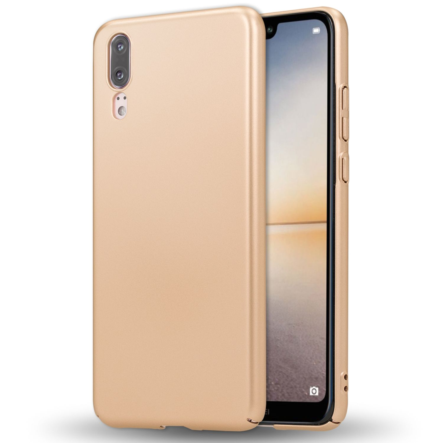 Goldene Handyhülle mit Telefon im Inneren. Der Bildschirm ist sichtbar. Weißer Hintergrund.