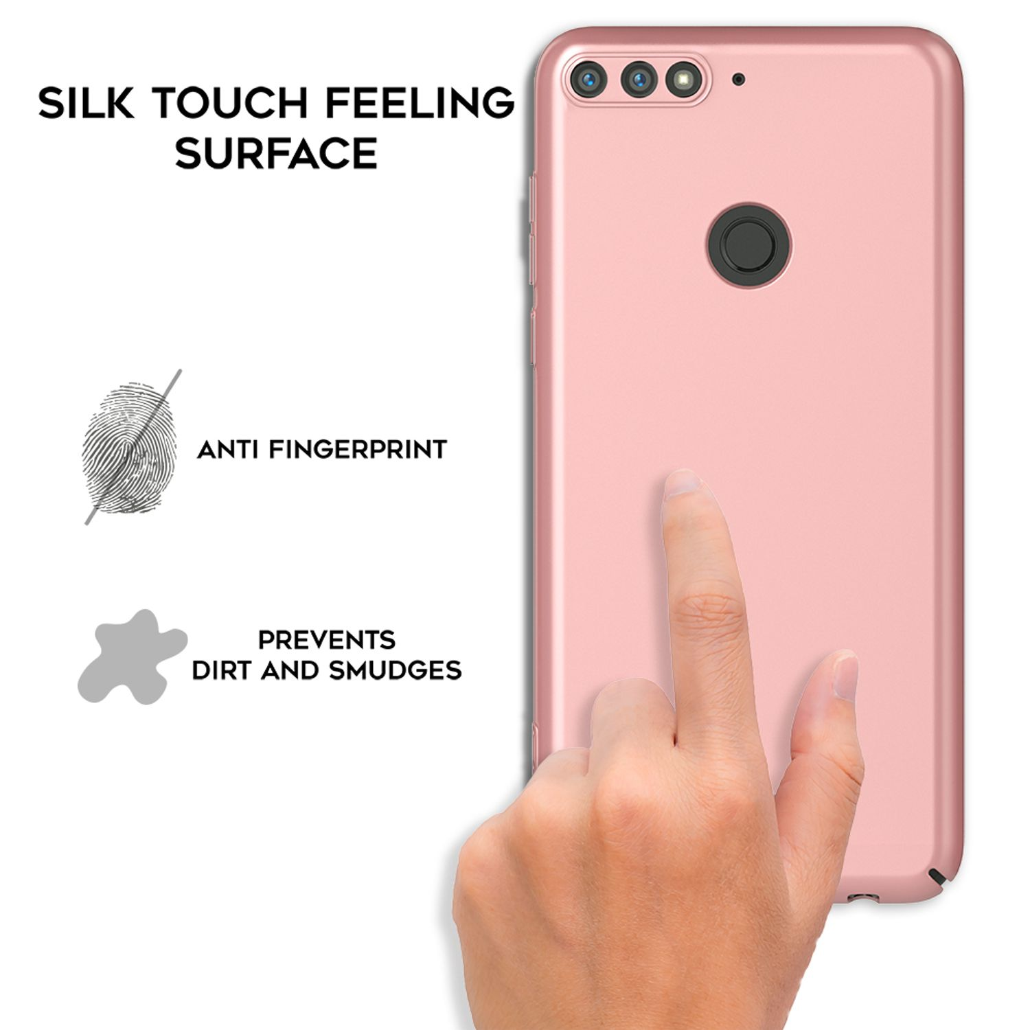 Rosa Handyhülle, Finger berührt die Oberfläche, Text: Seidentouch, Anti-Fingerabdruck.