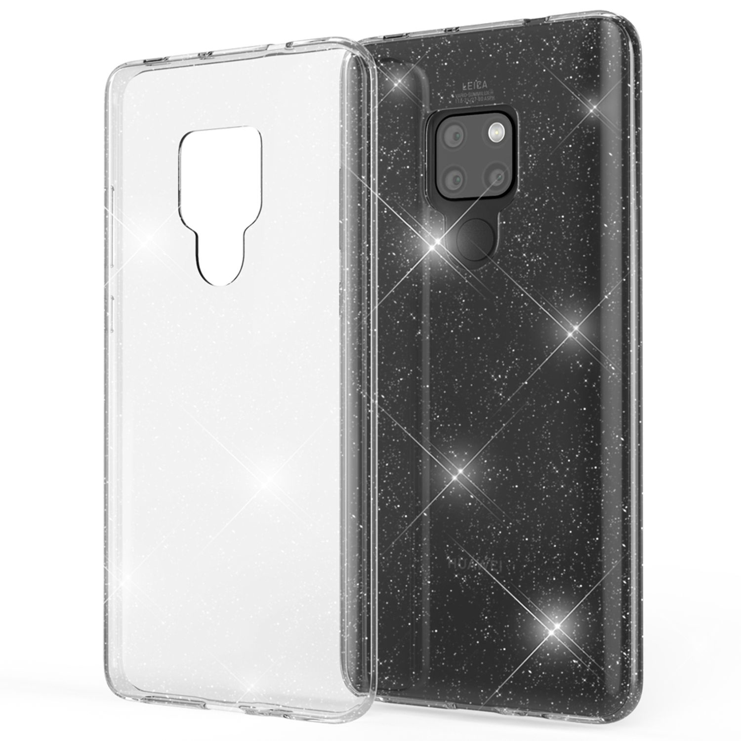 Eine transparente Handyhülle mit glitzernder Rückseite befindet sich auf der rechten Seite des Bildes.
