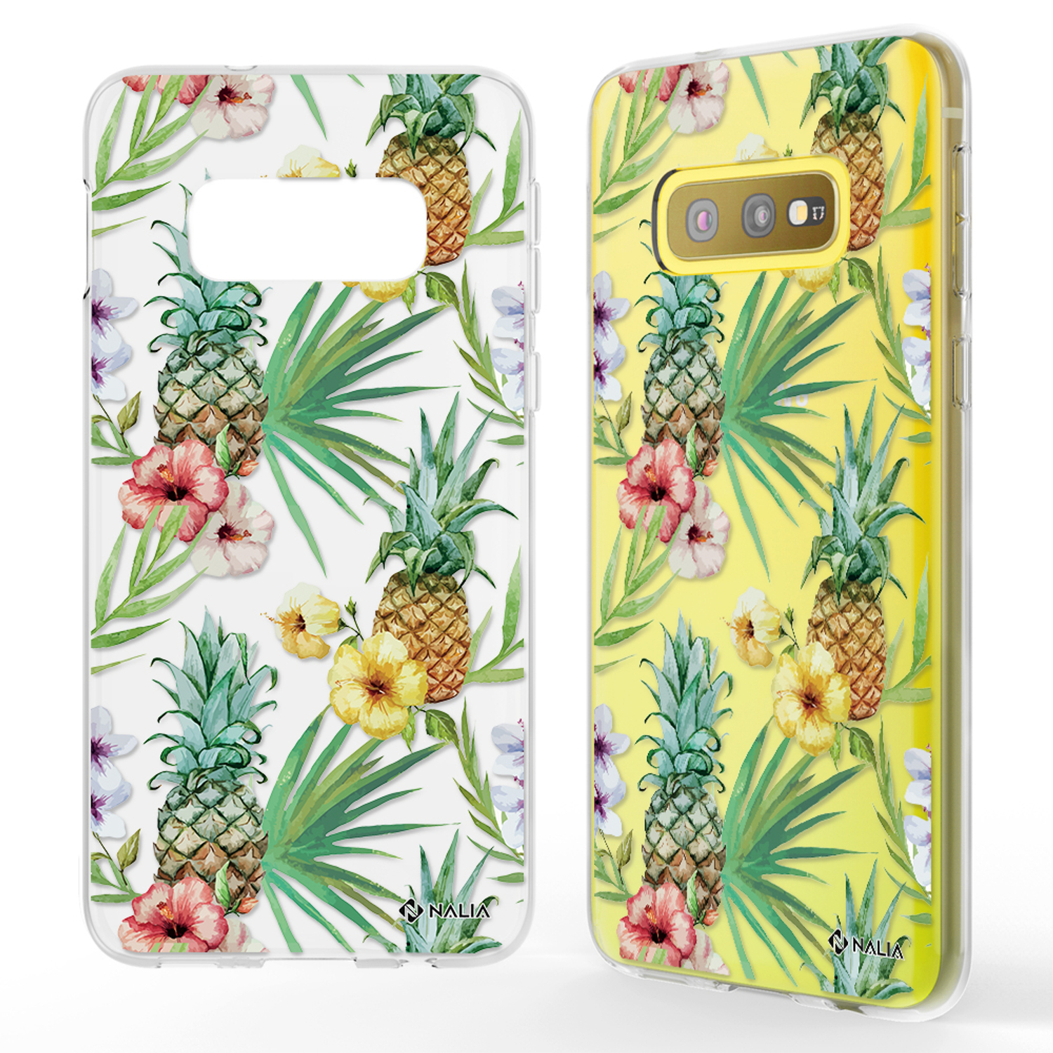 Handyhülle mit Ananas- und Blumenmuster. Die Hülle befindet sich auf einem Telefon.