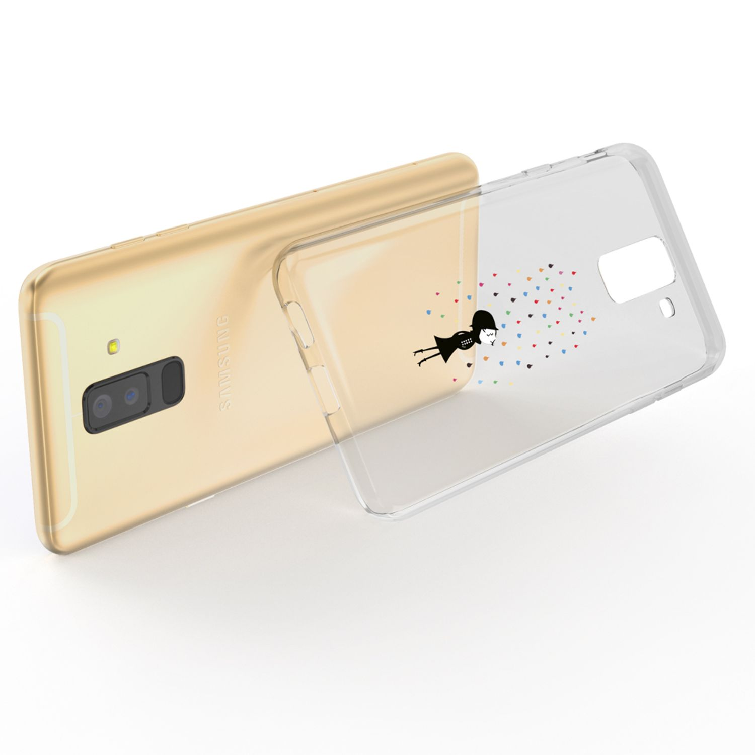 Goldenes Telefon mit transparenter Hülle mit Mädchenzeichnung und Herzen.