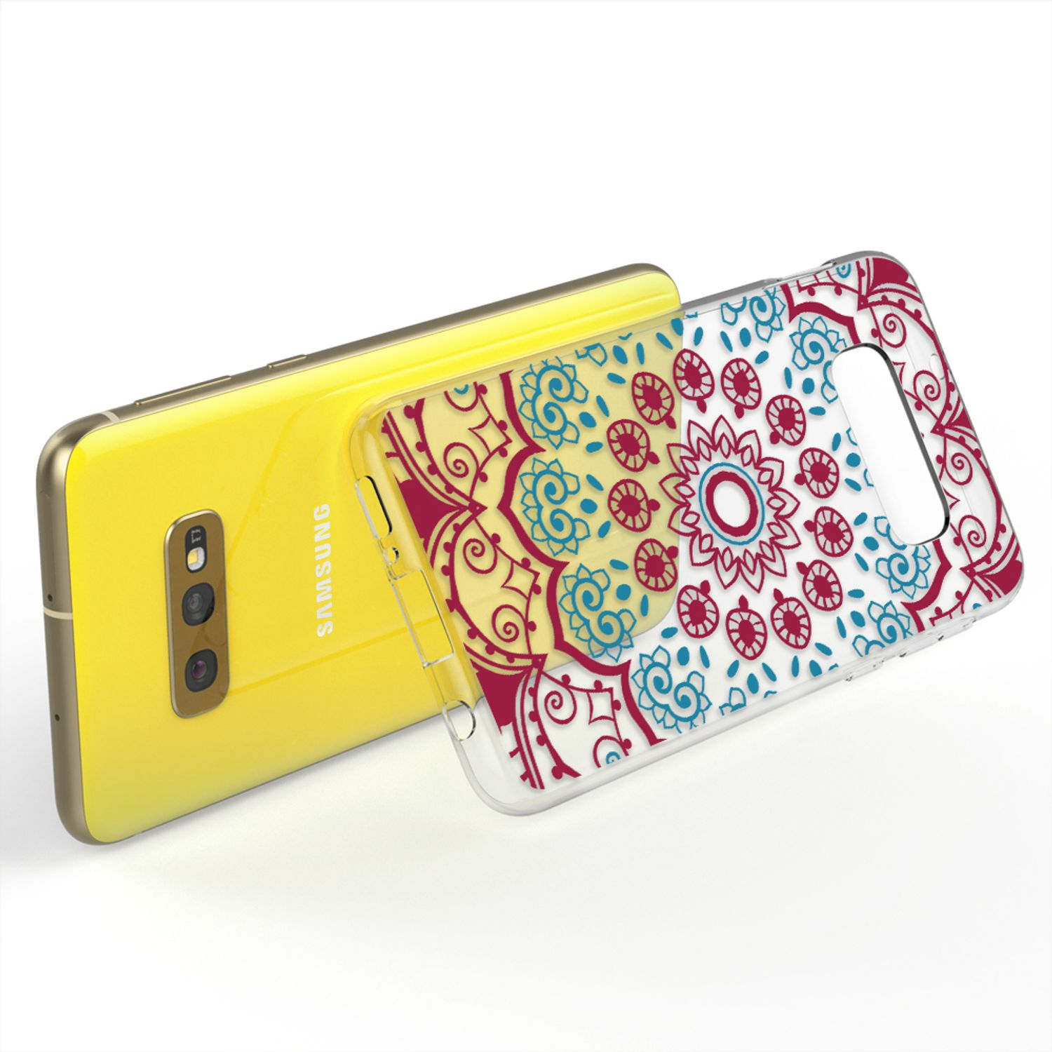 Ein gelbes Telefon mit einer floralen Hülle. Die Hülle hat ein Mandala-Design in Rot, Blau und Gelb.