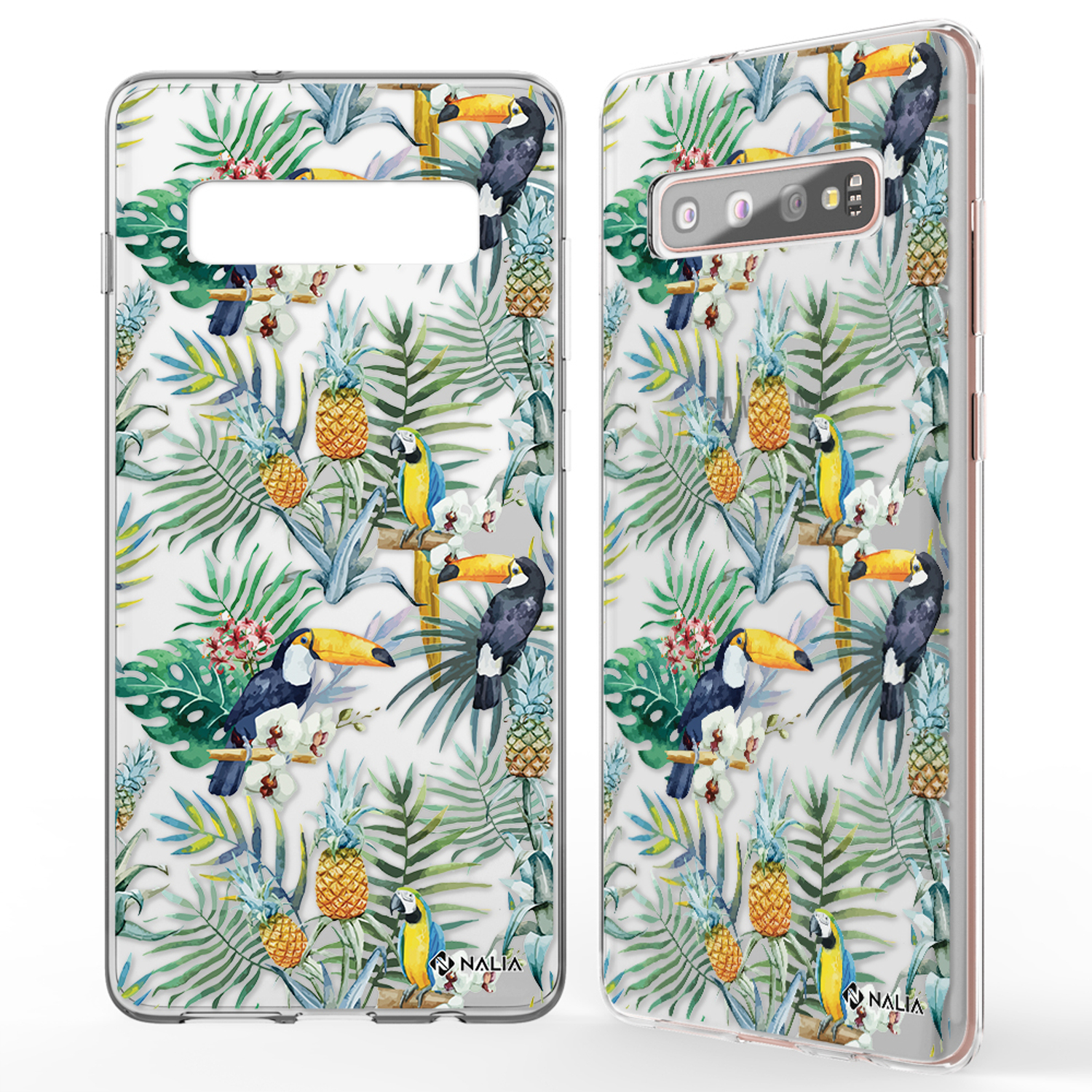 Handyhülle mit Tukan- und Ananas-Design. Mit Palmenblättern und weißem Hintergrund.