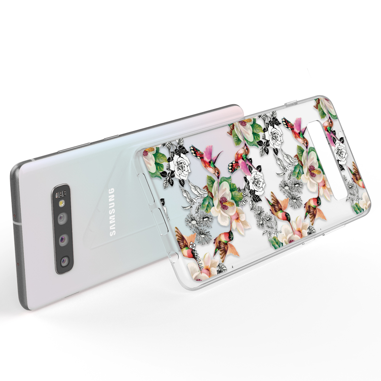 Telefon mit floraler Hülle, mit Kolibris und Blumen auf weißem Hintergrund.