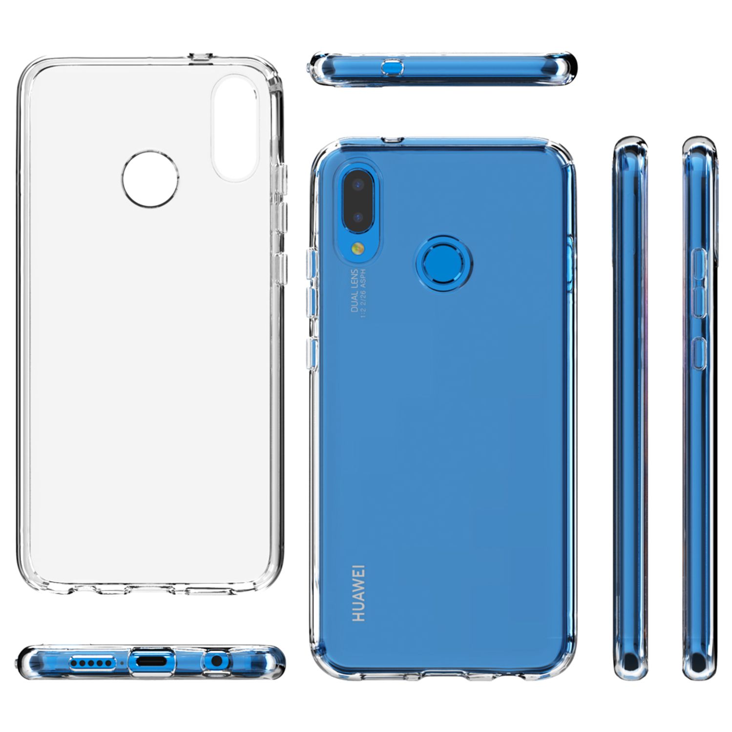 Transparente Handyhülle auf einem blauen Telefon. Verschiedene Blickwinkel der Handyhülle.