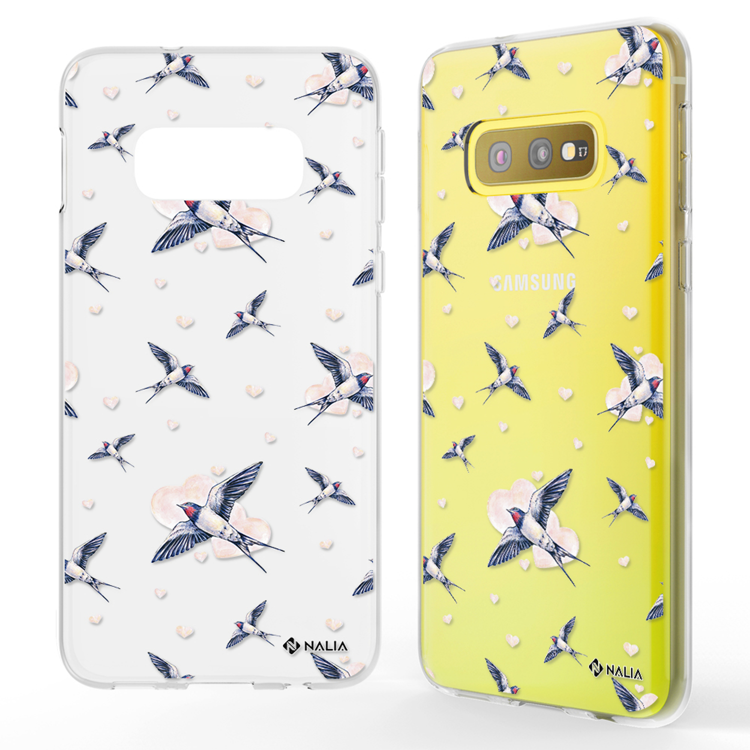 Handyhülle mit Schwalben und Herzen. Telefon auf gelbem Hintergrund mit Schwalben und Herzen.