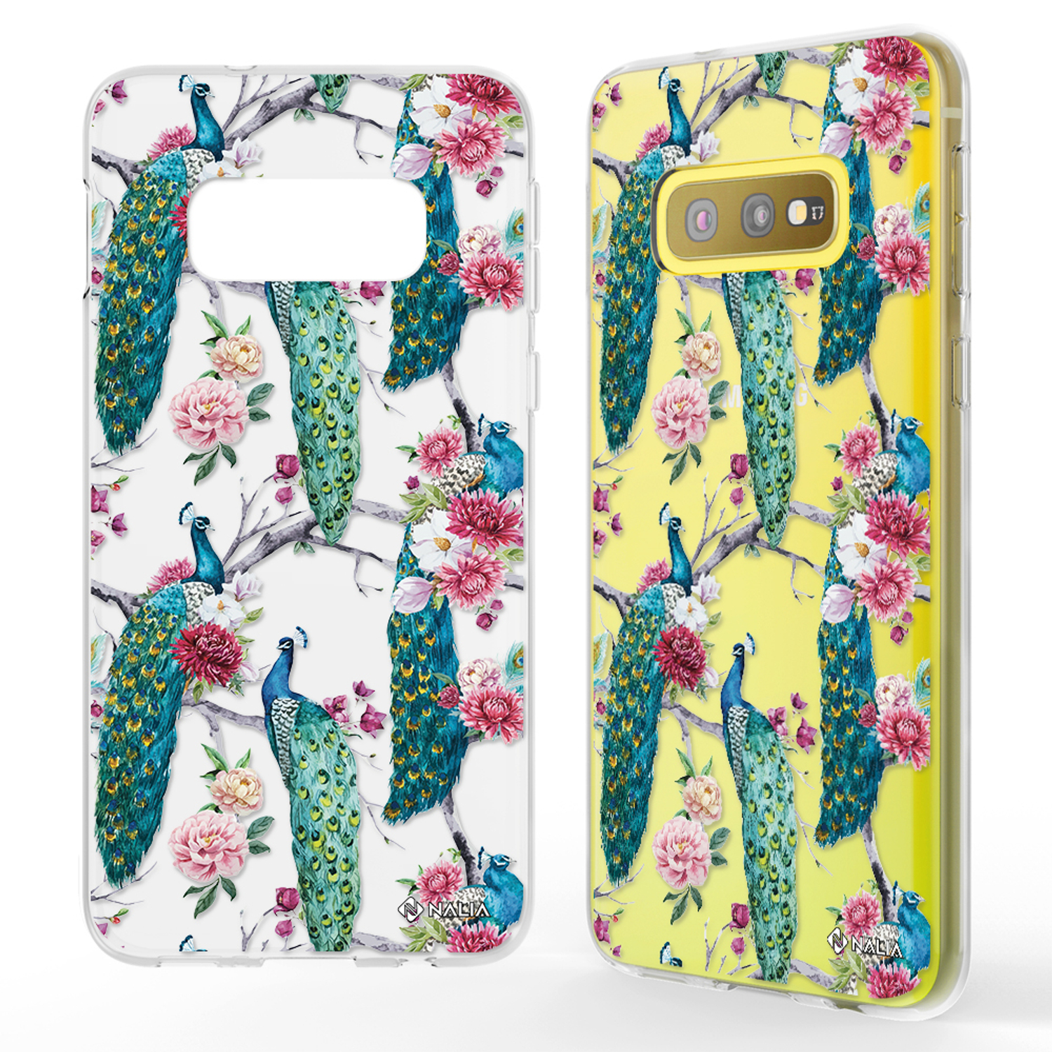 Handyhülle mit Pfauen und Blumen. Telefon zeigt gelben Hintergrund mit Blumen.
