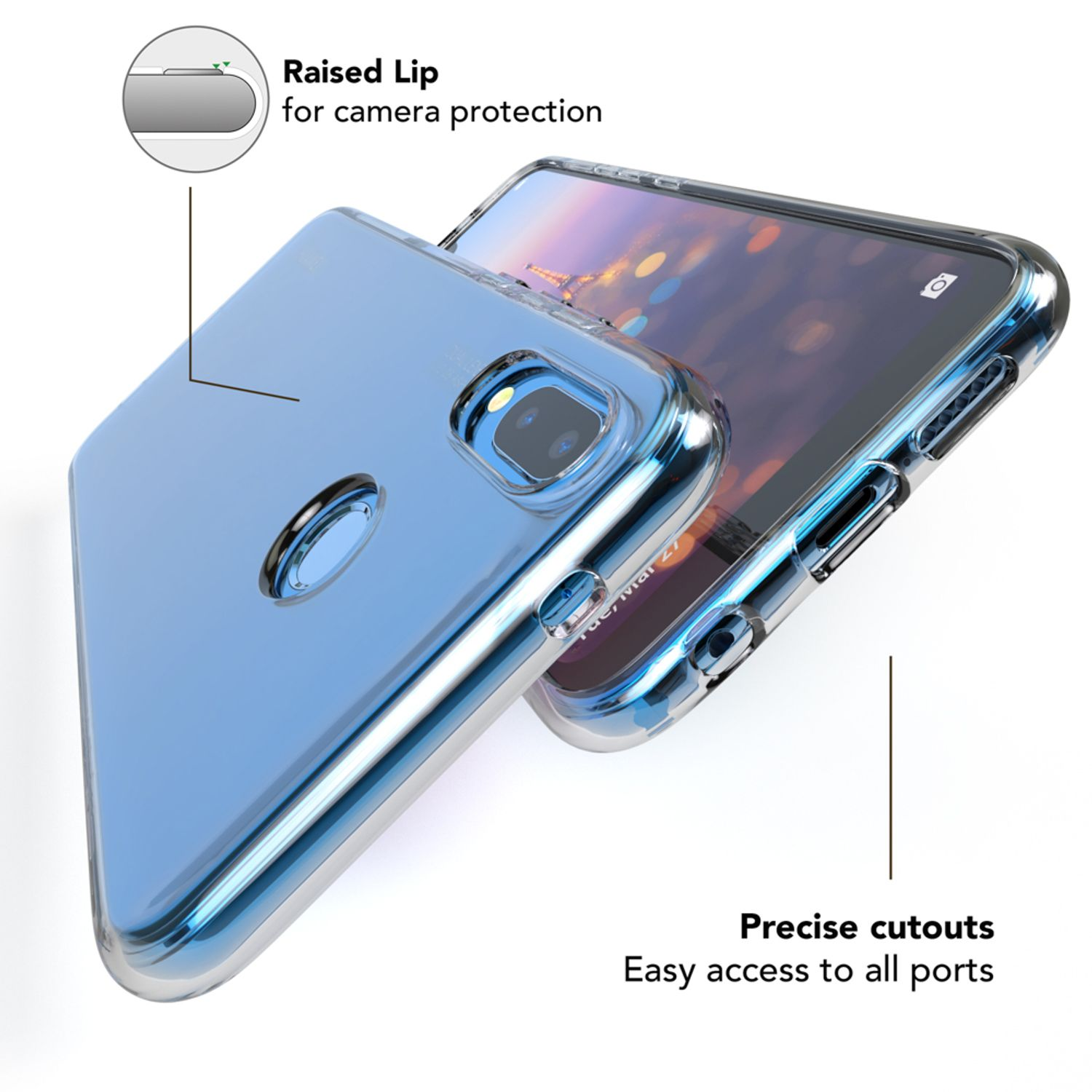 Blaues Telefon mit durchsichtiger Hülle. Präzise Aussparungen für Anschlüsse. Erhöhte Lippe zum Schutz der Kamera wird hervorgehoben.
