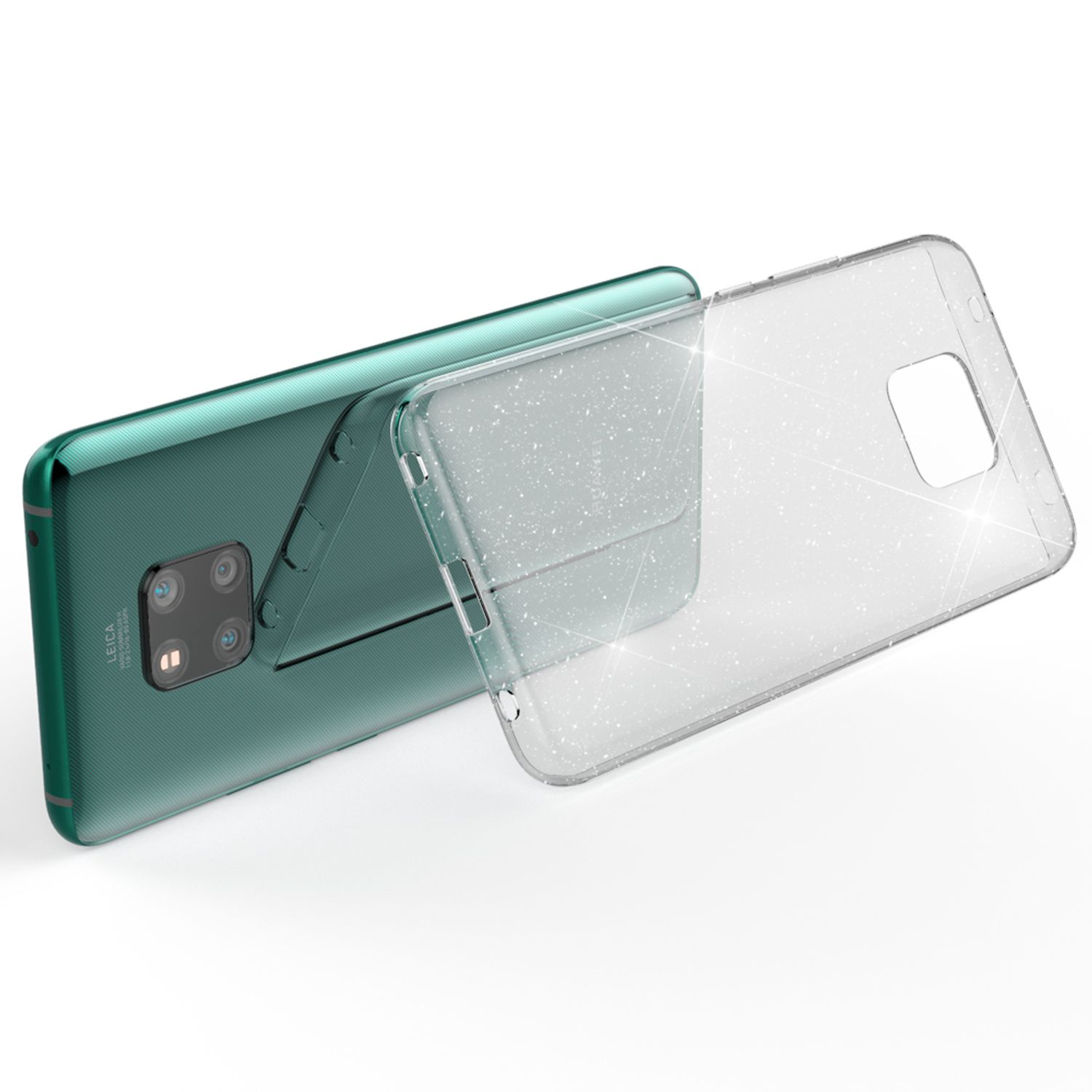 Telefono verde con fotocamera in una custodia trasparente e glitterata, con la scritta 'LEICA' sulla fotocamera.