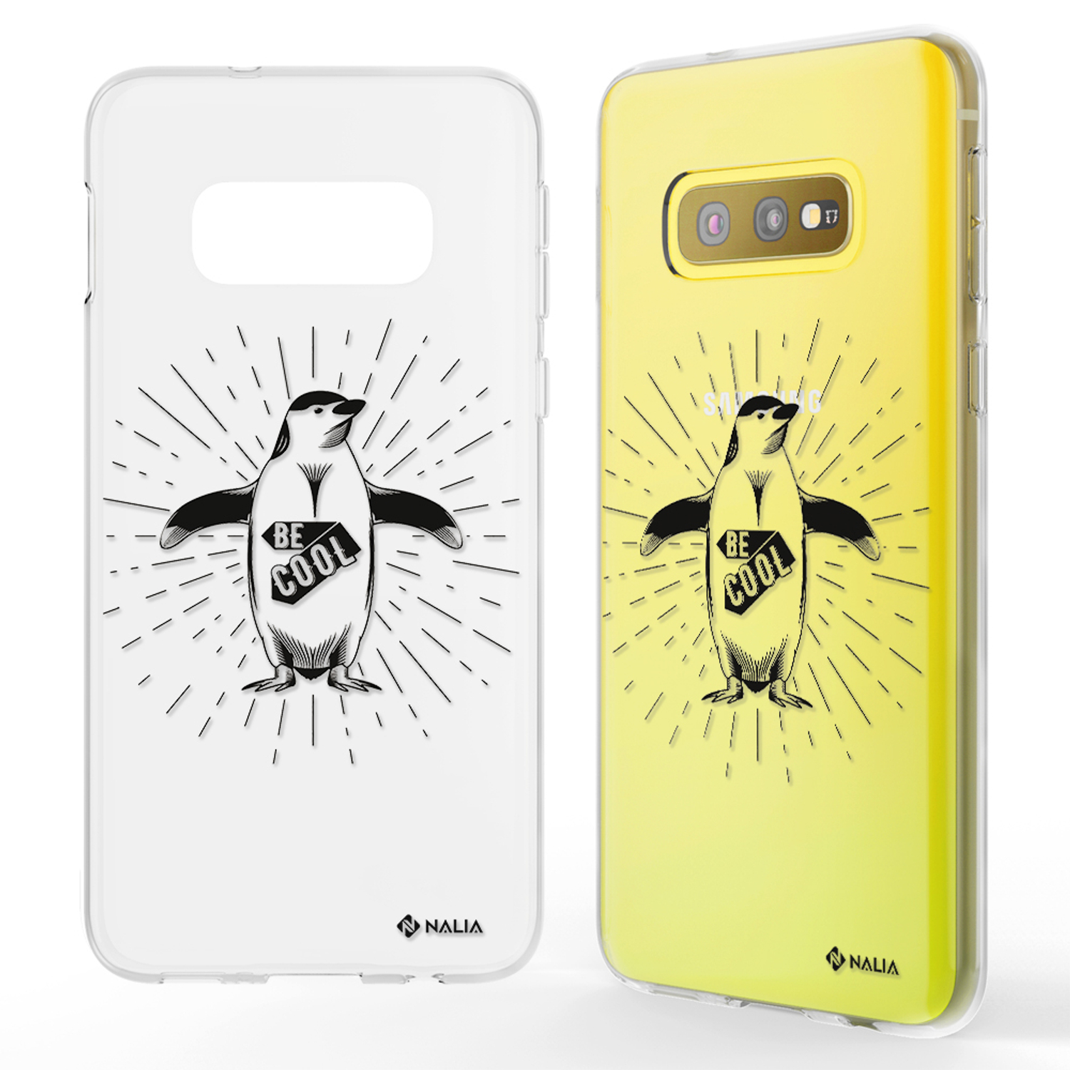 Zwei Handyhüllen mit Pinguin-Design. Eine ist weiß, die andere gelb mit einem Pinguin, der "BE COOL" sagt.