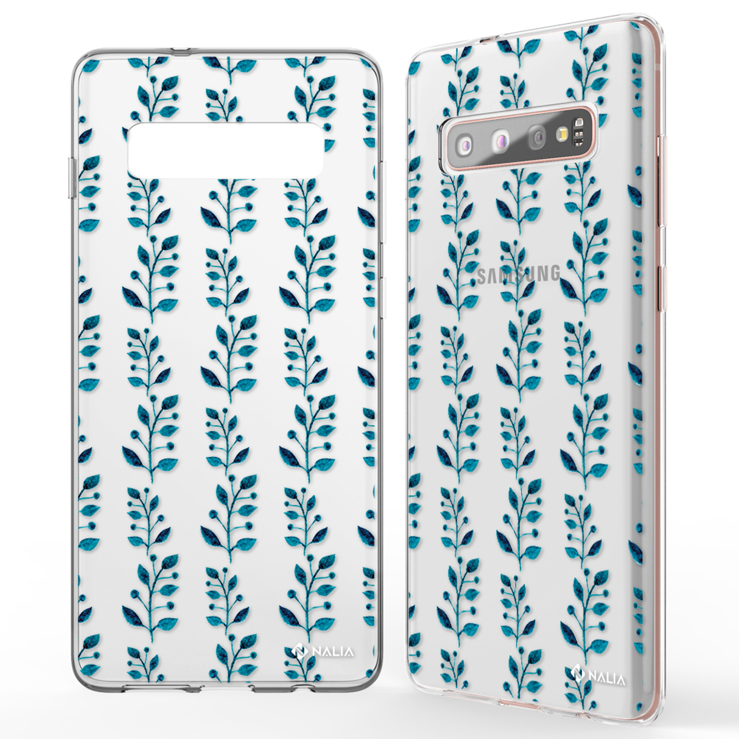 Coque de téléphone transparente avec motif de feuilles bleues. Téléphone sur fond blanc. Coque avec découpe caméra.