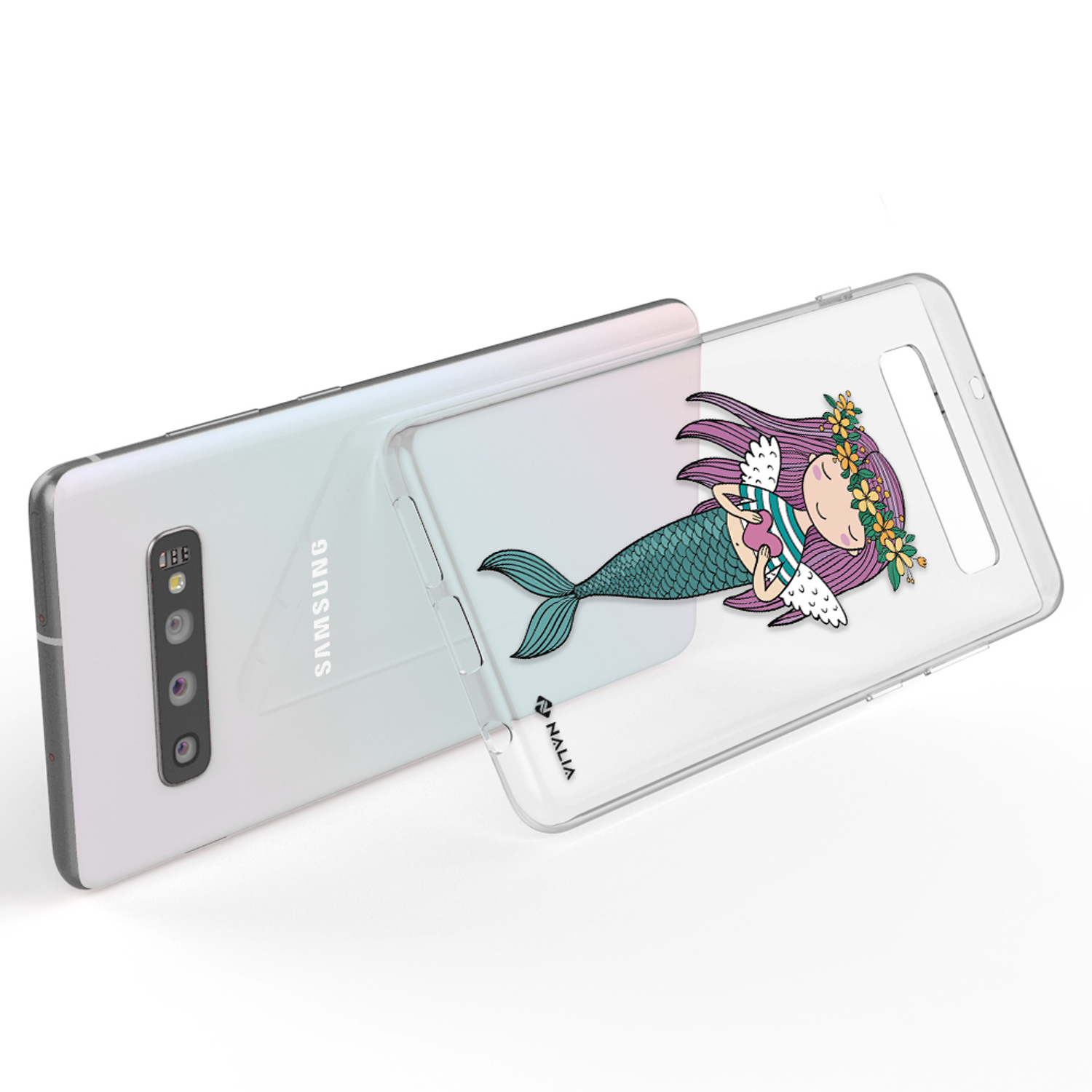Eine Handyhülle mit einem Meerjungfrau-Design liegt über einem Telefon. Das Telefon ist silber.