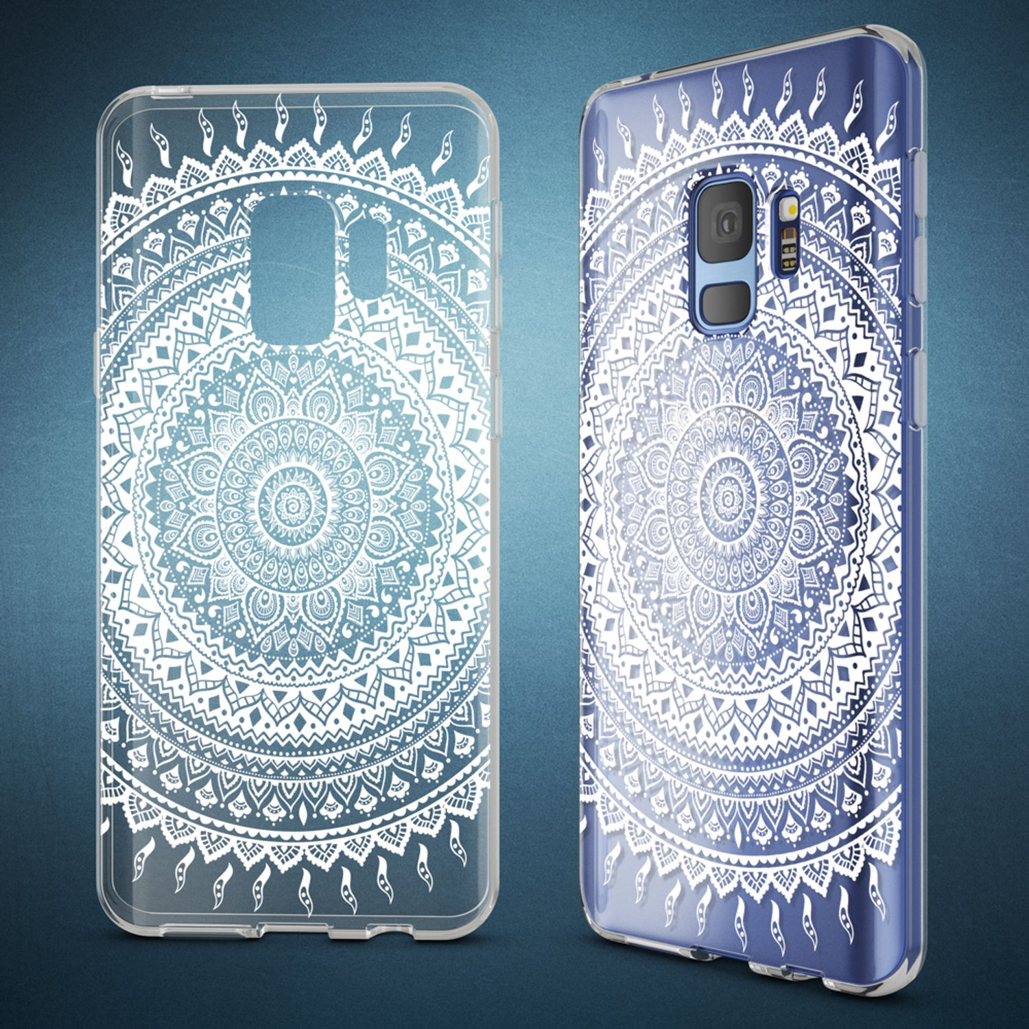 Blaue Handyhülle mit weißem Mandala-Design. Telefon rechts. Blauer Hintergrund.