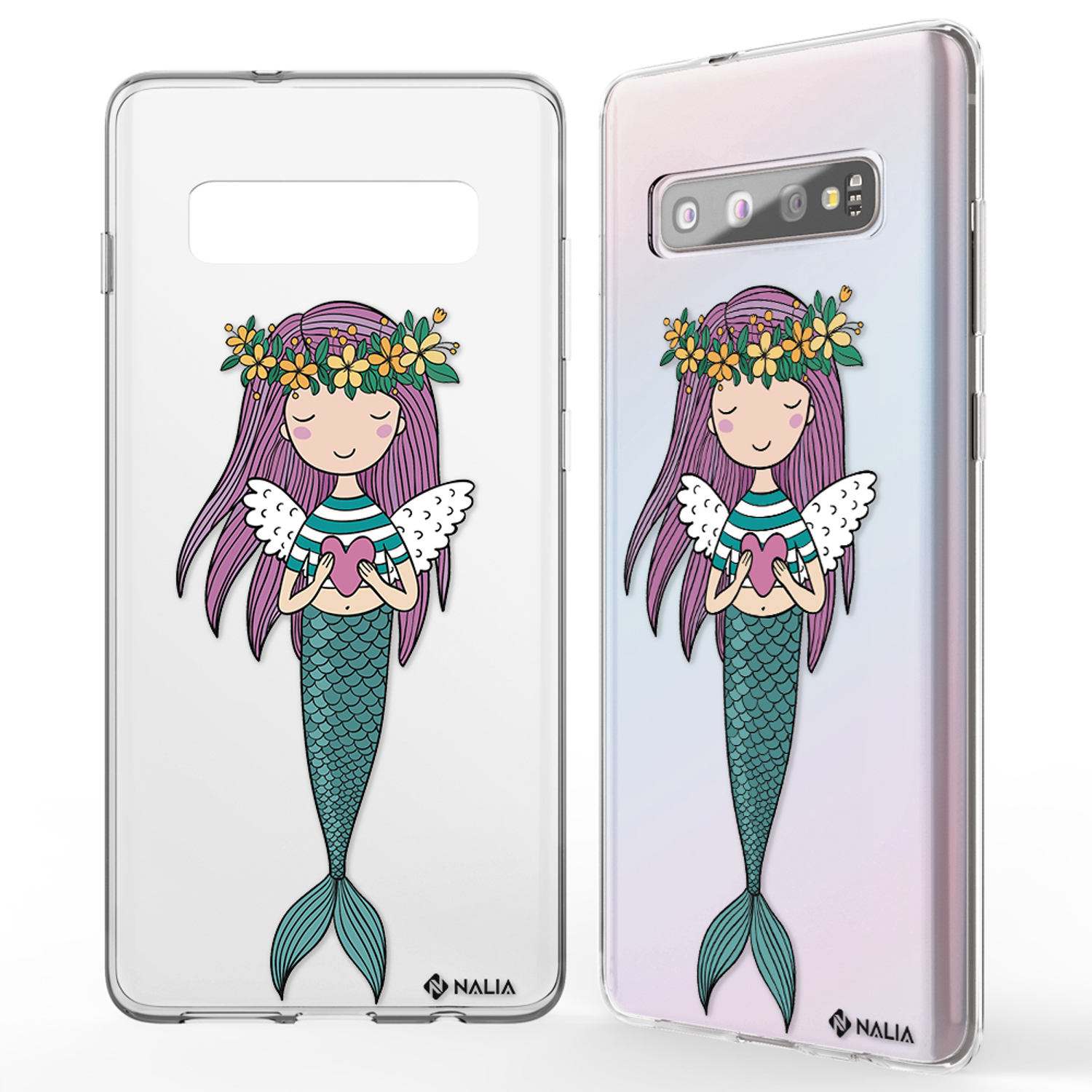 Zwei Telefone mit Meerjungfrau-Illustrationen auf der Hülle. Die Meerjungfrau hat einen Blumenkranz und ein Herz.