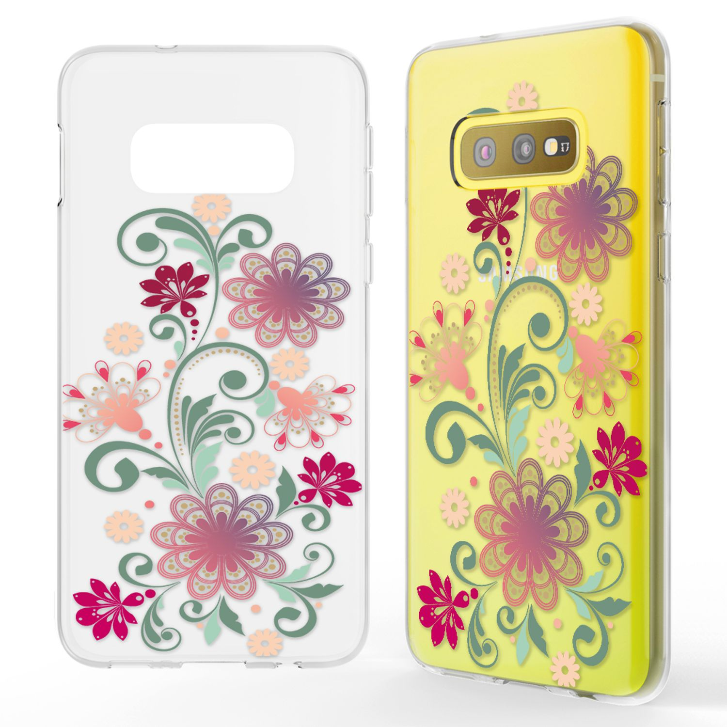 Handyhüllen mit floralen Designs. Eine Hülle ist durchsichtig, die andere gelb.