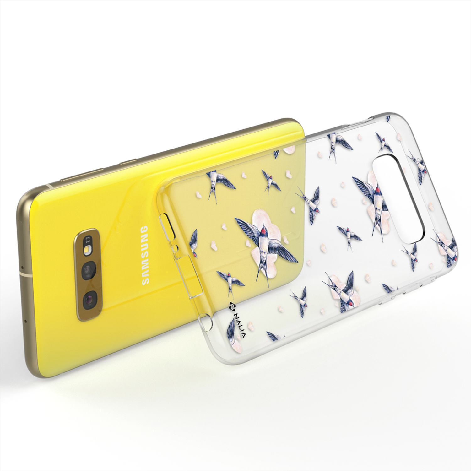 Gelbes Telefon mit klarer Hülle, verziert mit Schwalben und Blumen.