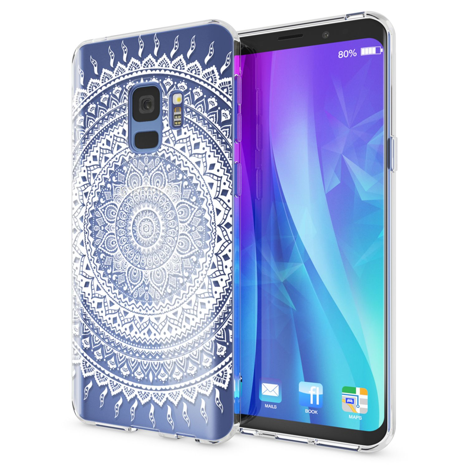 Telefon mit einer transparenten Hülle, ein weißes und blaues Mandala-Design. Weißer Hintergrund.