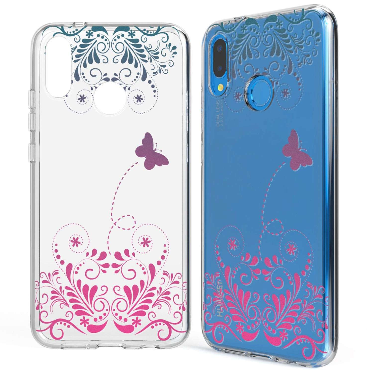 Custodia trasparente con design a farfalla, un lato rosa e l'altro blu.