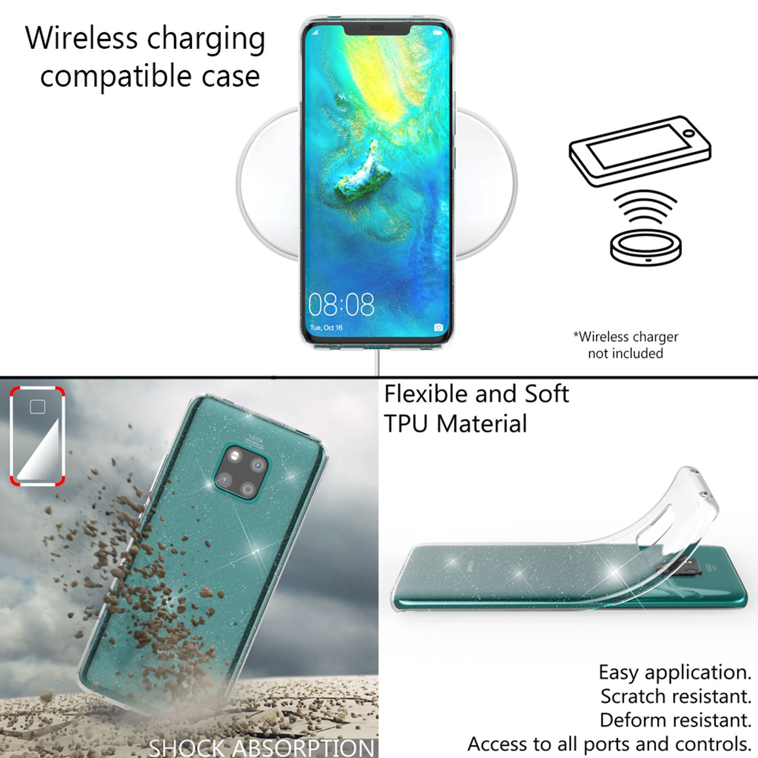Telefon, kabelloses Ladegerät und Hülle. Die Hülle ist klar und grün. Weißer Hintergrund.