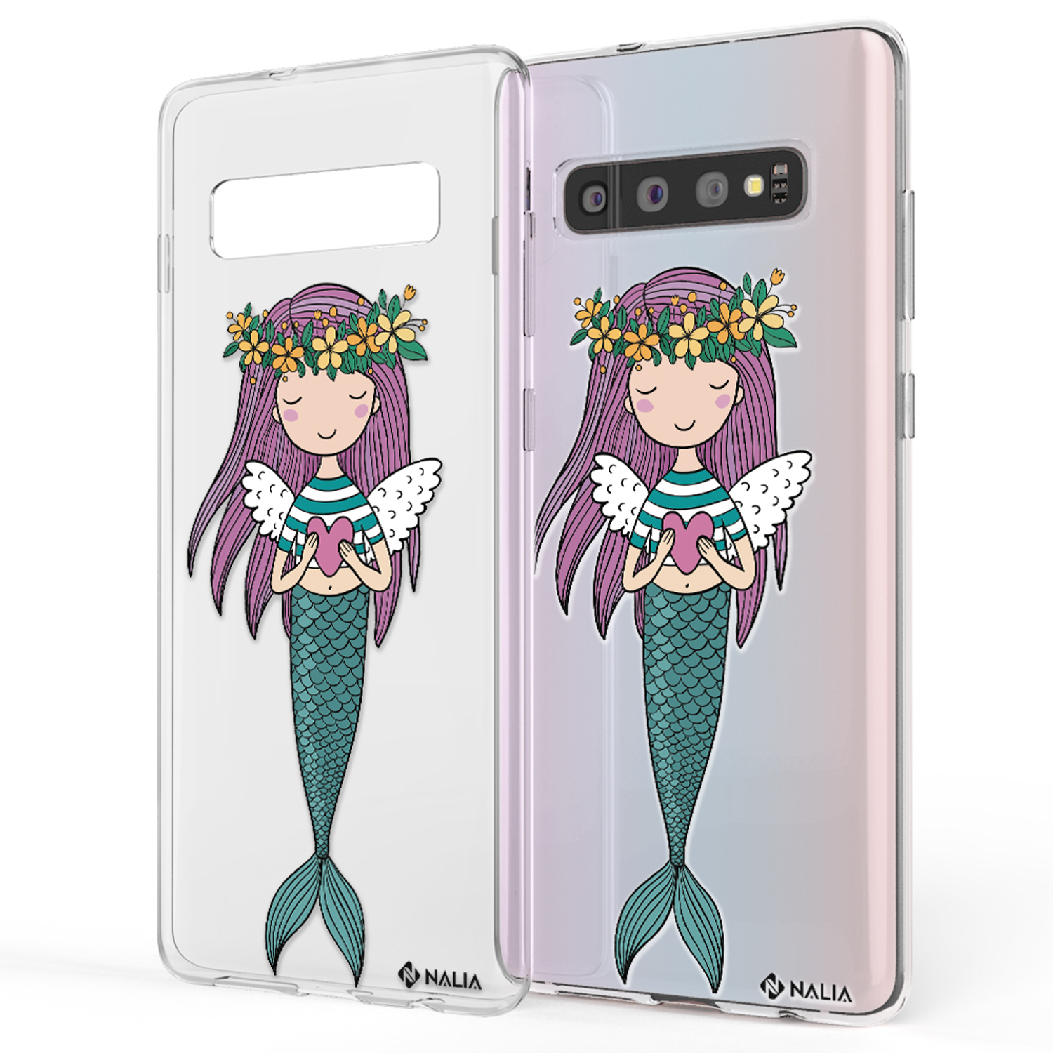 Meerjungfrau-Handyhülle. Transparente Handyhülle mit Meerjungfrau-Illustration, auf einem Telefon.