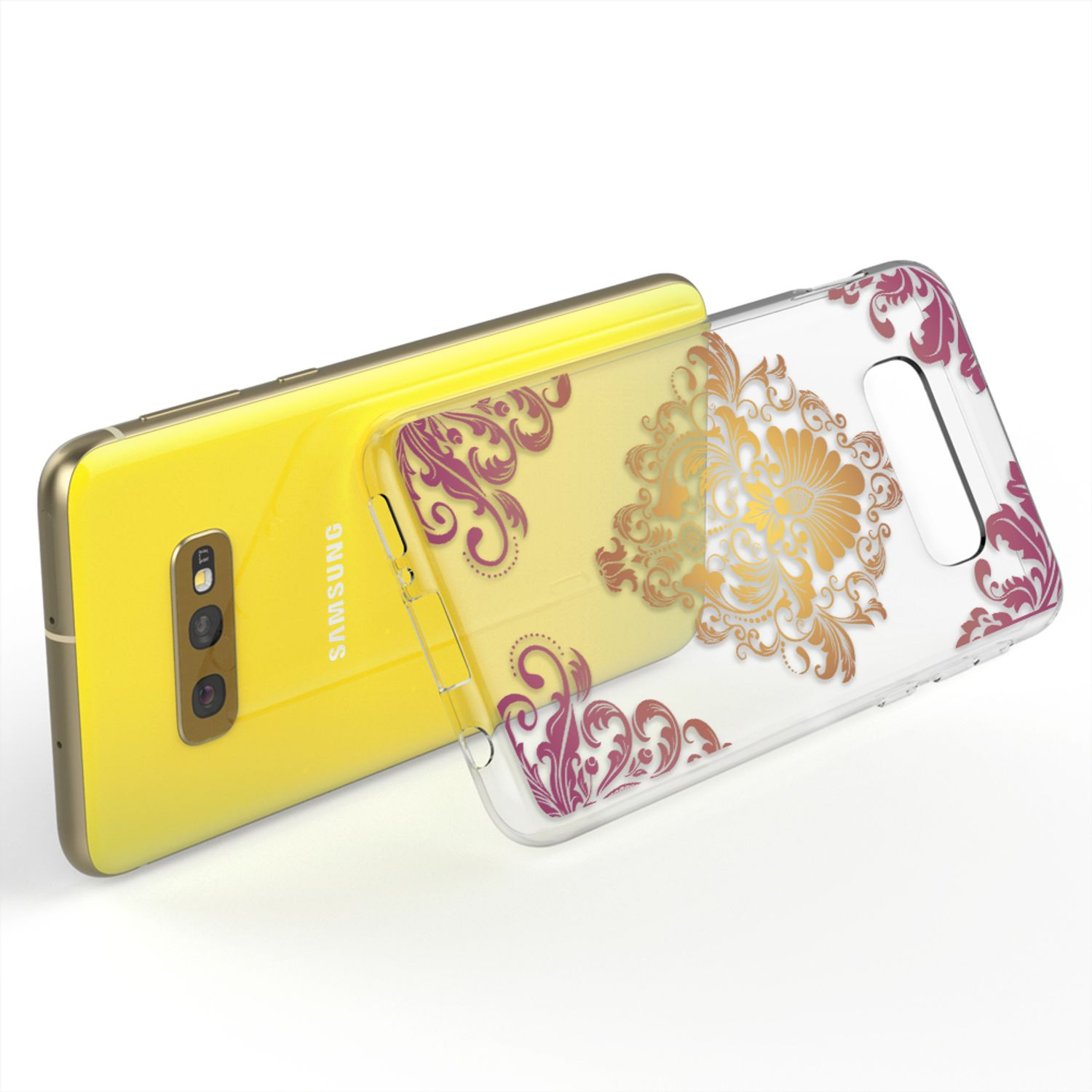 Gelbes Telefon mit transparenter Hülle. Die Hülle hat ein Blumenmuster. Das Telefon ist weiß und gold.