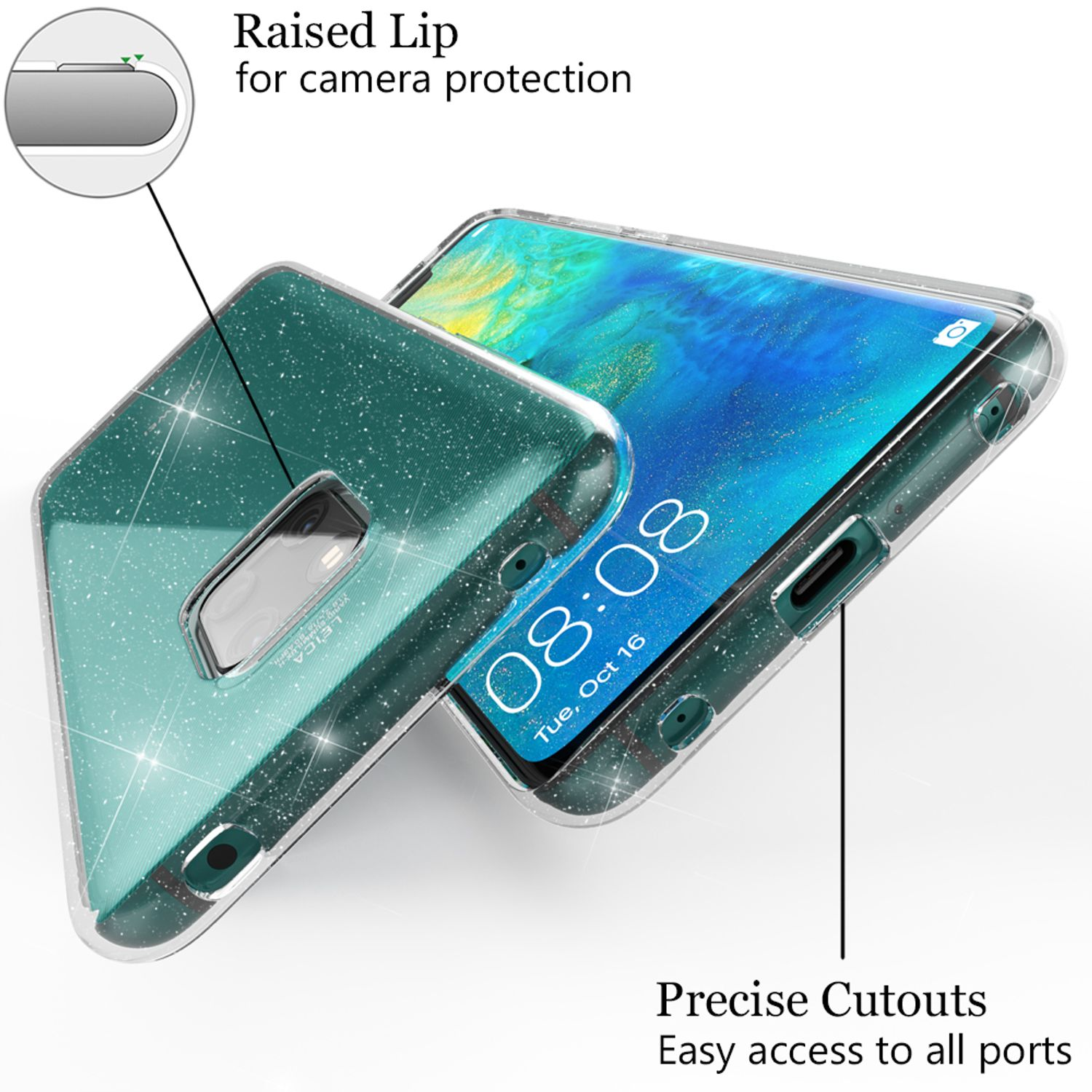 Telefon in einer tealfarbenen Hülle mit Glitzer. Erhöhte Lippe für Kameraschutz. Präzise Aussparungen.