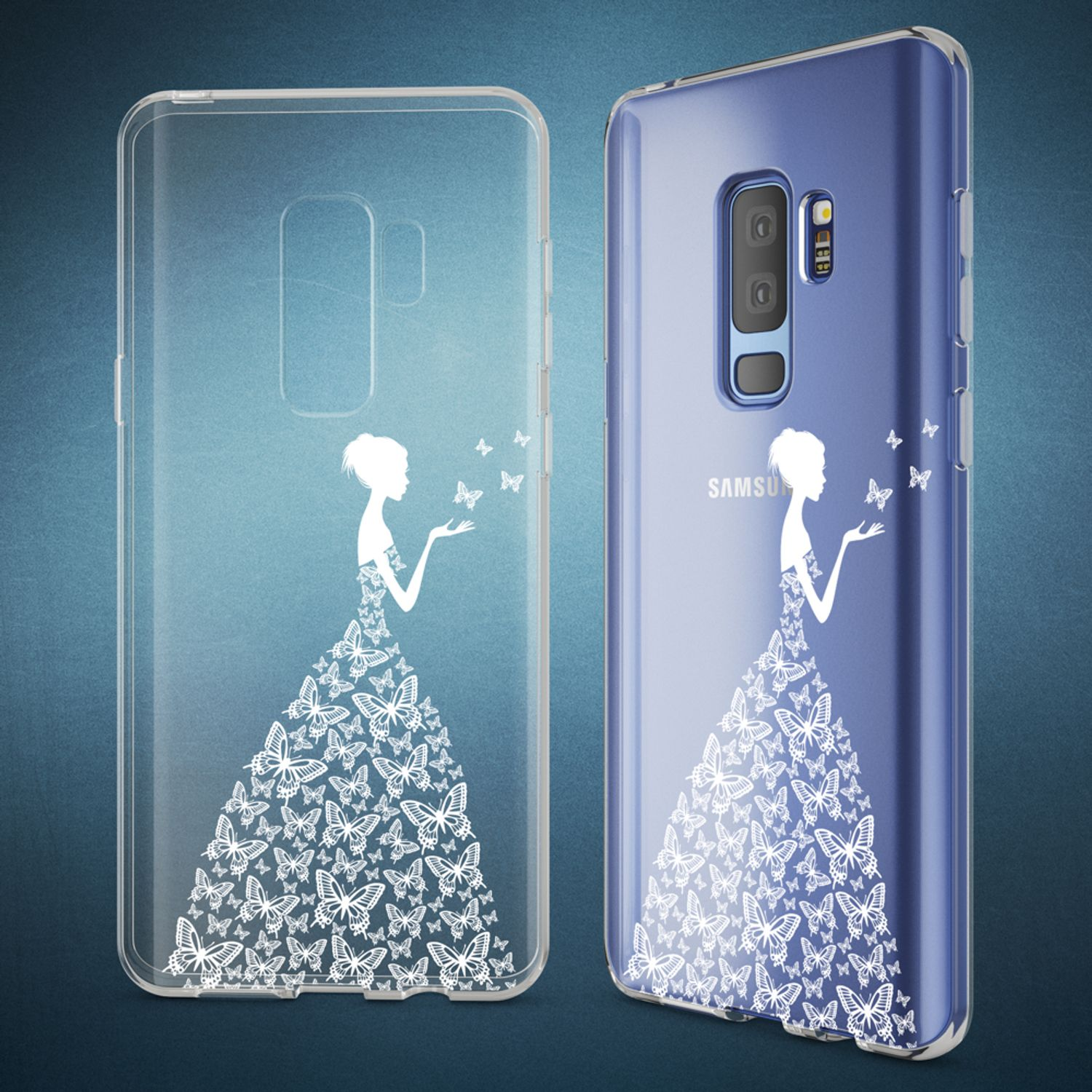 Zwei Handyhüllen mit Schmetterlingsdesign. Eine zeigt die Rückseite eines Telefons. Beide sind transparent.
