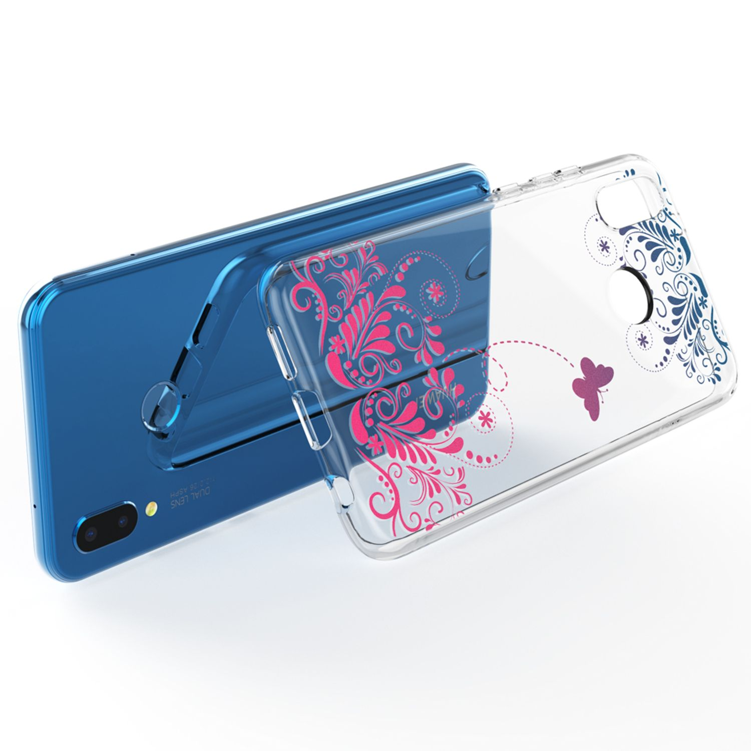 Telefono blu e custodia trasparente con design floreale rosa e blu. Lo sfondo è bianco.