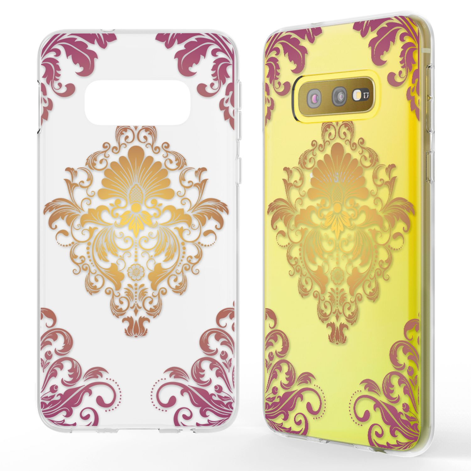 Zwei Handyhüllen mit goldenem Blumendesign, eine weiße, die andere gelb.