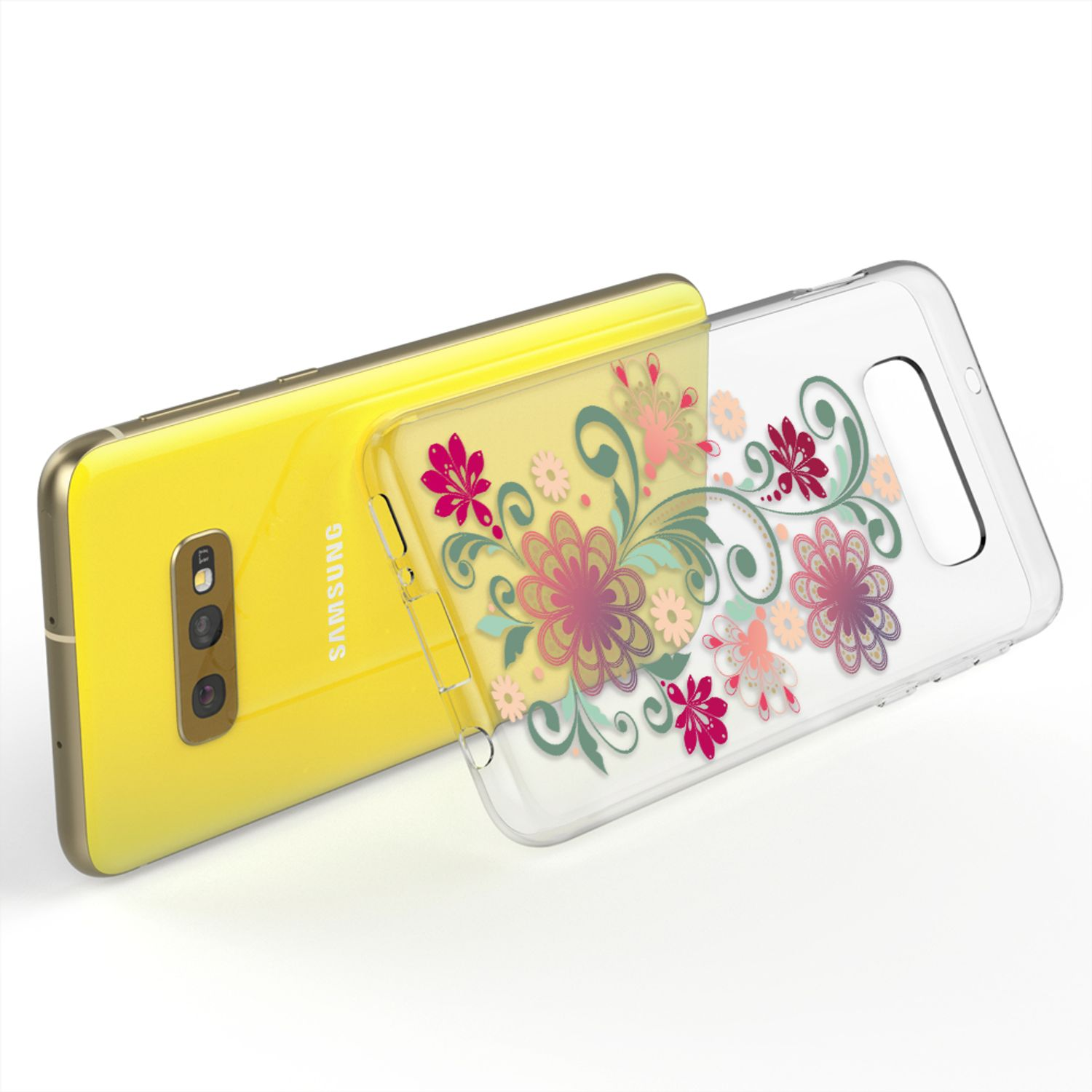 Gelbes Telefon mit floraler Handyhülle. Rosa und lila Blumen. Weißer Hintergrund.