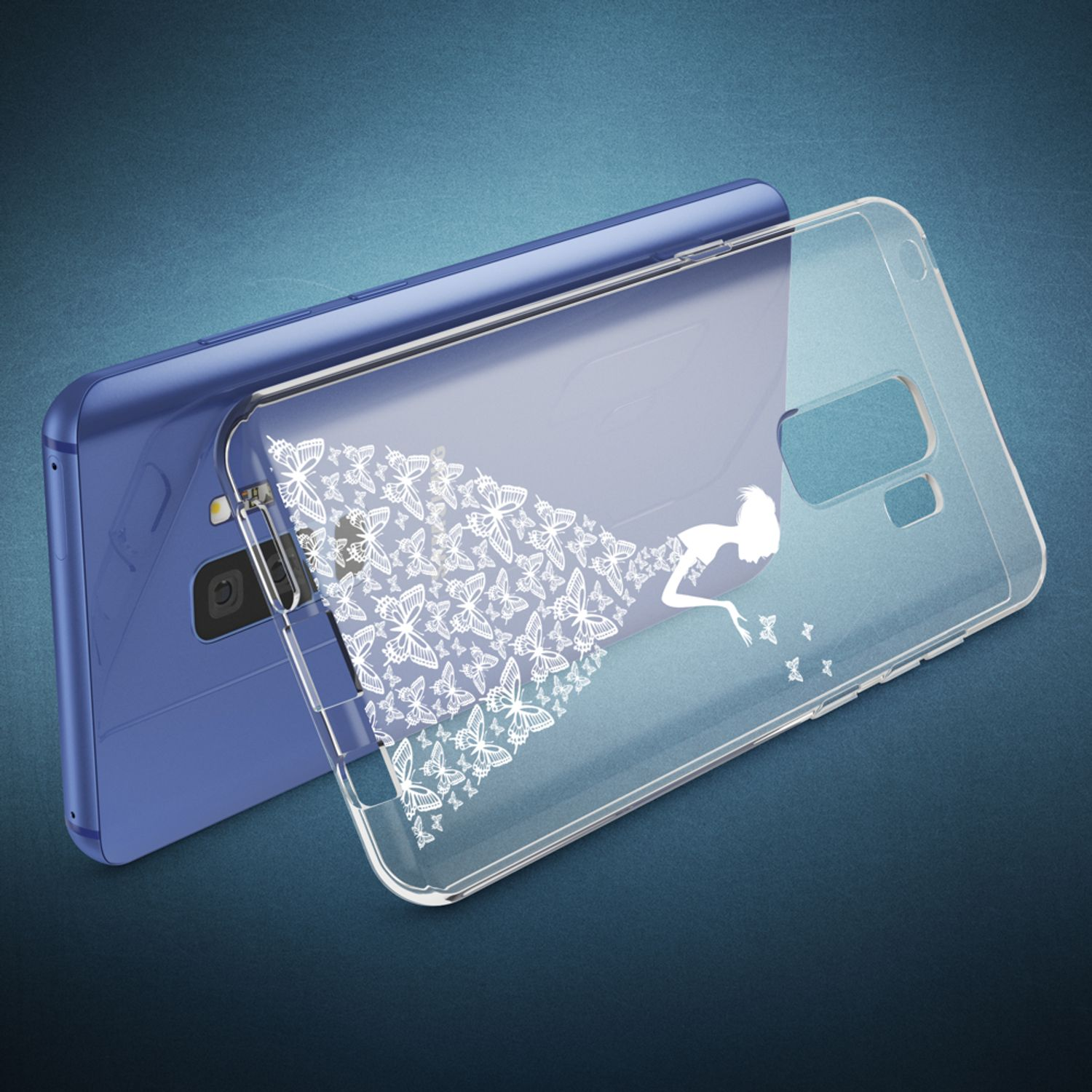 Transparente Handyhülle mit Schmetterlingsdesign auf einem blauen Telefon. Das Telefon lehnt sich auf einer blauen Oberfläche zurück.