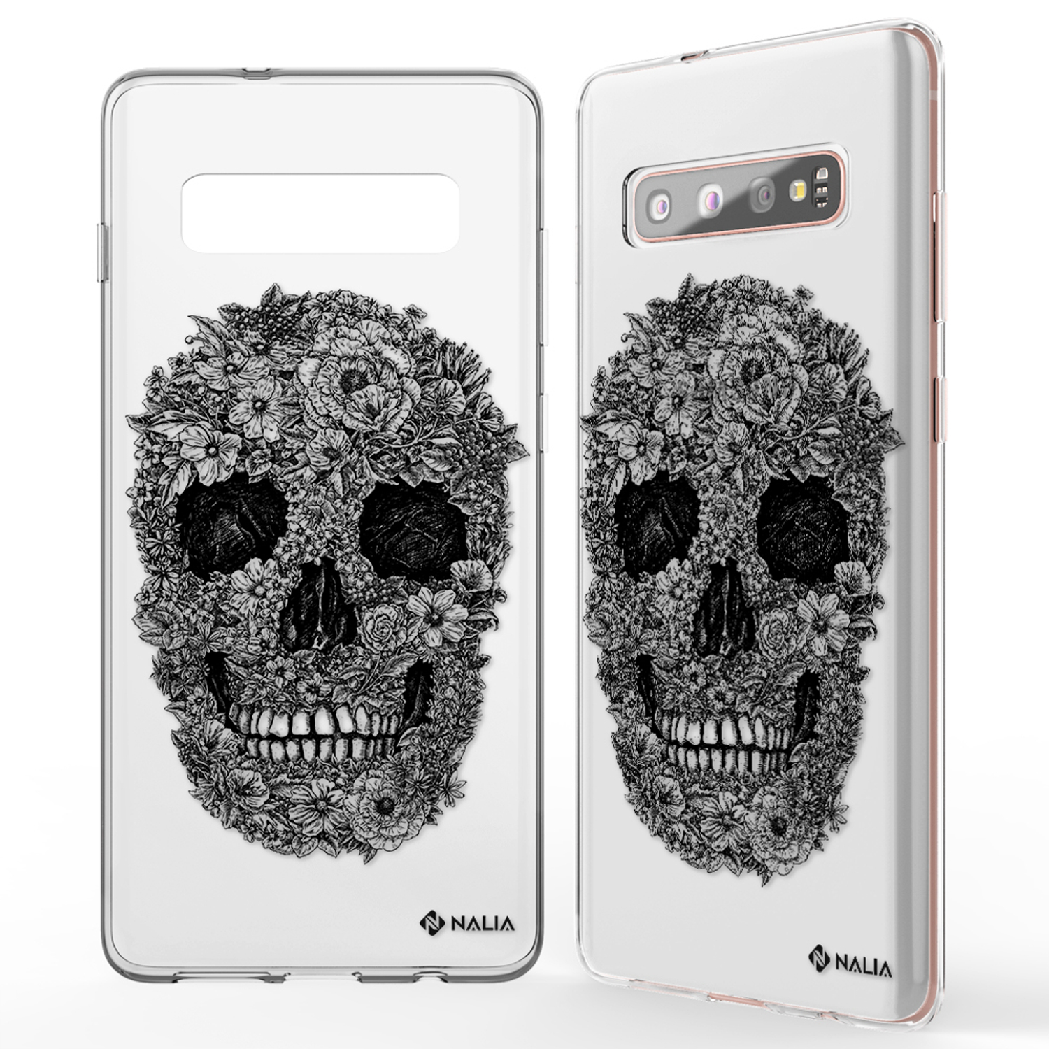 Deux coques de téléphone avec un motif de crâne floral, avec des téléphones à l'intérieur. Le fond est blanc.