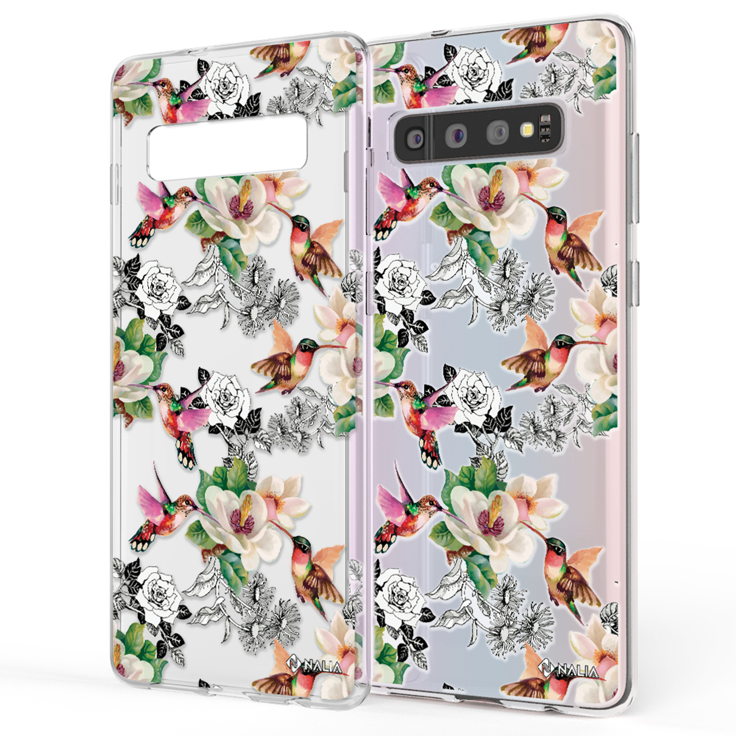 Handyhülle mit floralem Design und Kolibris. Das Design ist auf transparentem Case.