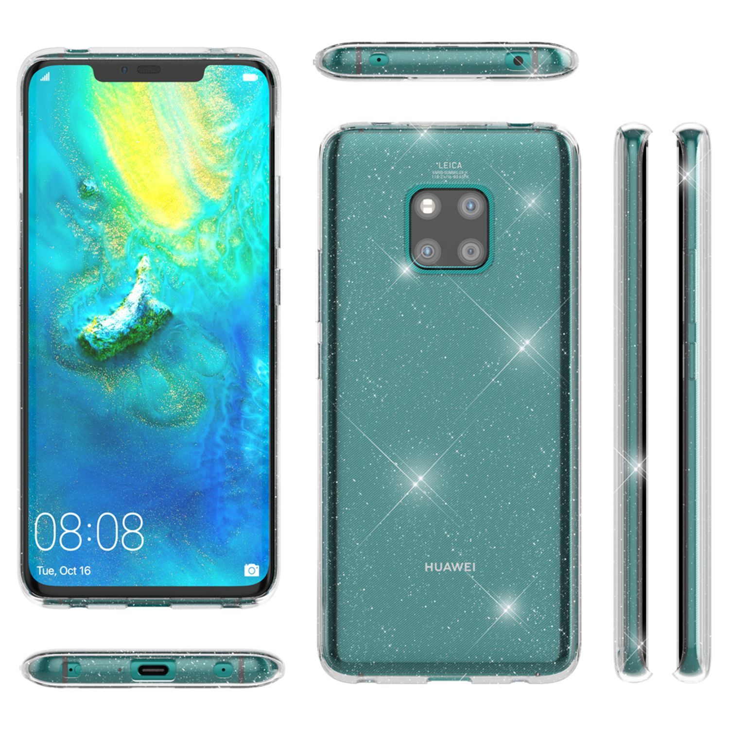 Ein Mobiltelefon in mehreren Ansichten mit einer glitzernden, grünen Handyhülle. Das Telefon zeigt die Uhrzeit an.