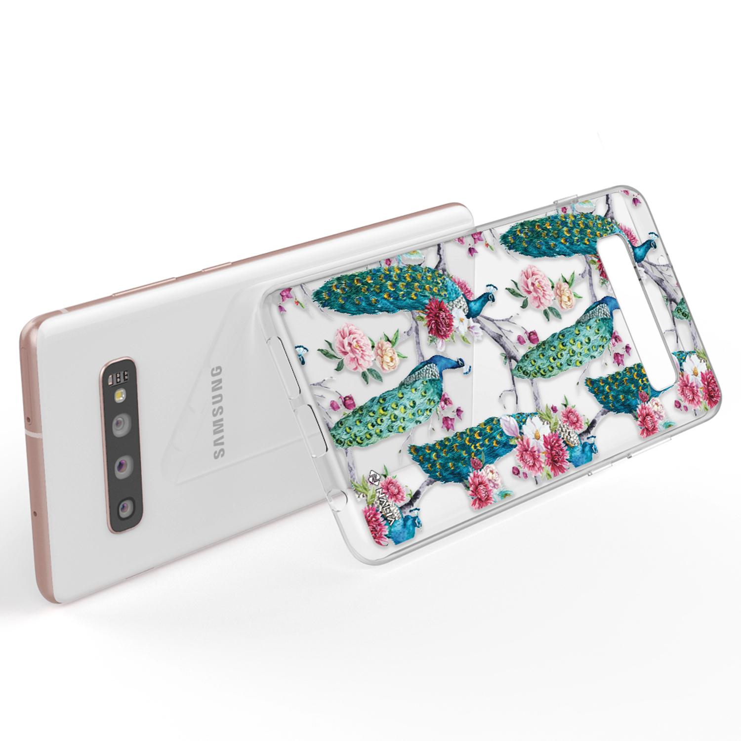 Handyhülle mit Pfau-Design. Pfaue und rosa Blumen sind auf eine transparente Hülle gedruckt. Das Telefon ist weiß.
