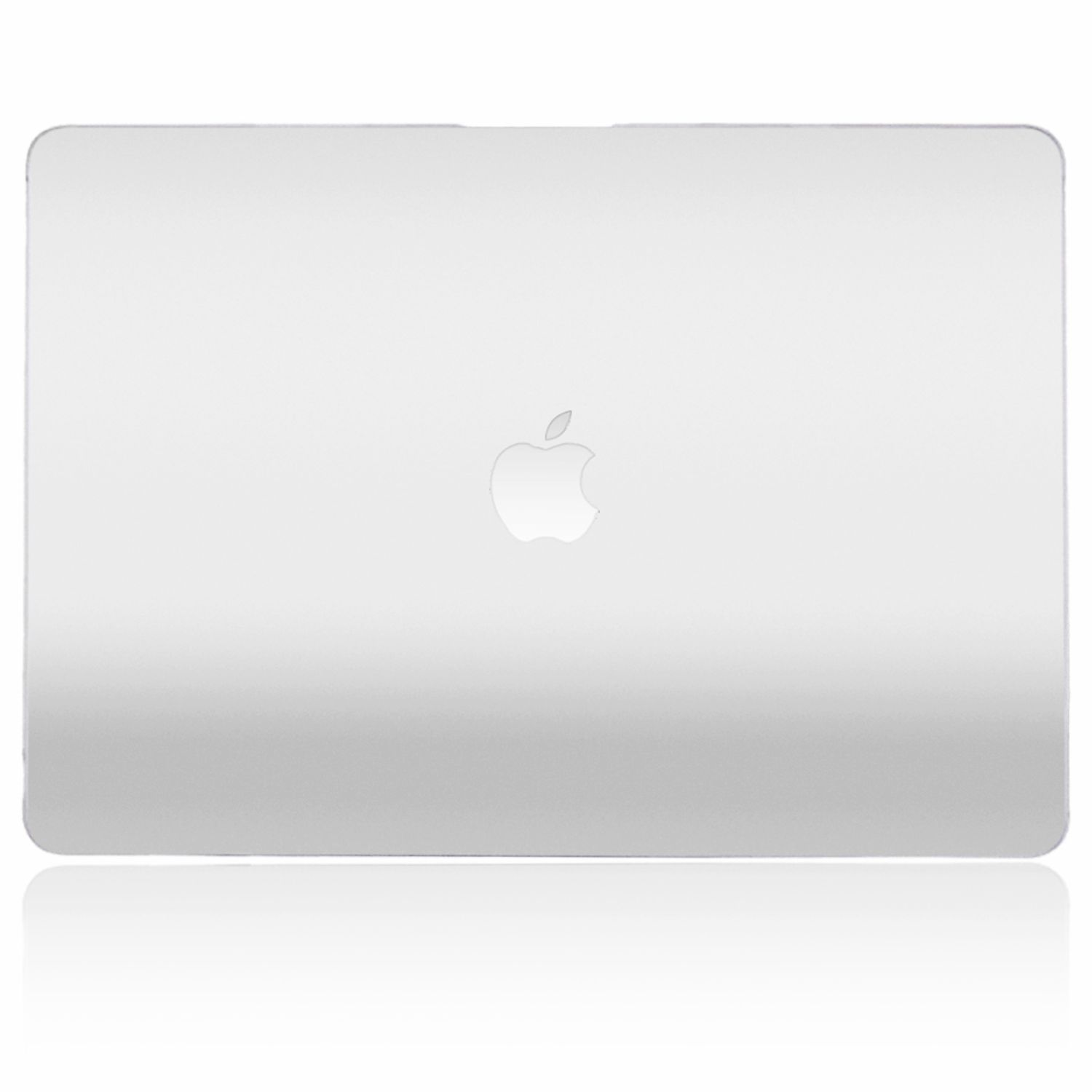 Silberne Laptop-Hülle. Apple-Logo auf der Rückseite. Reflektierende Oberfläche. Weißer Hintergrund.