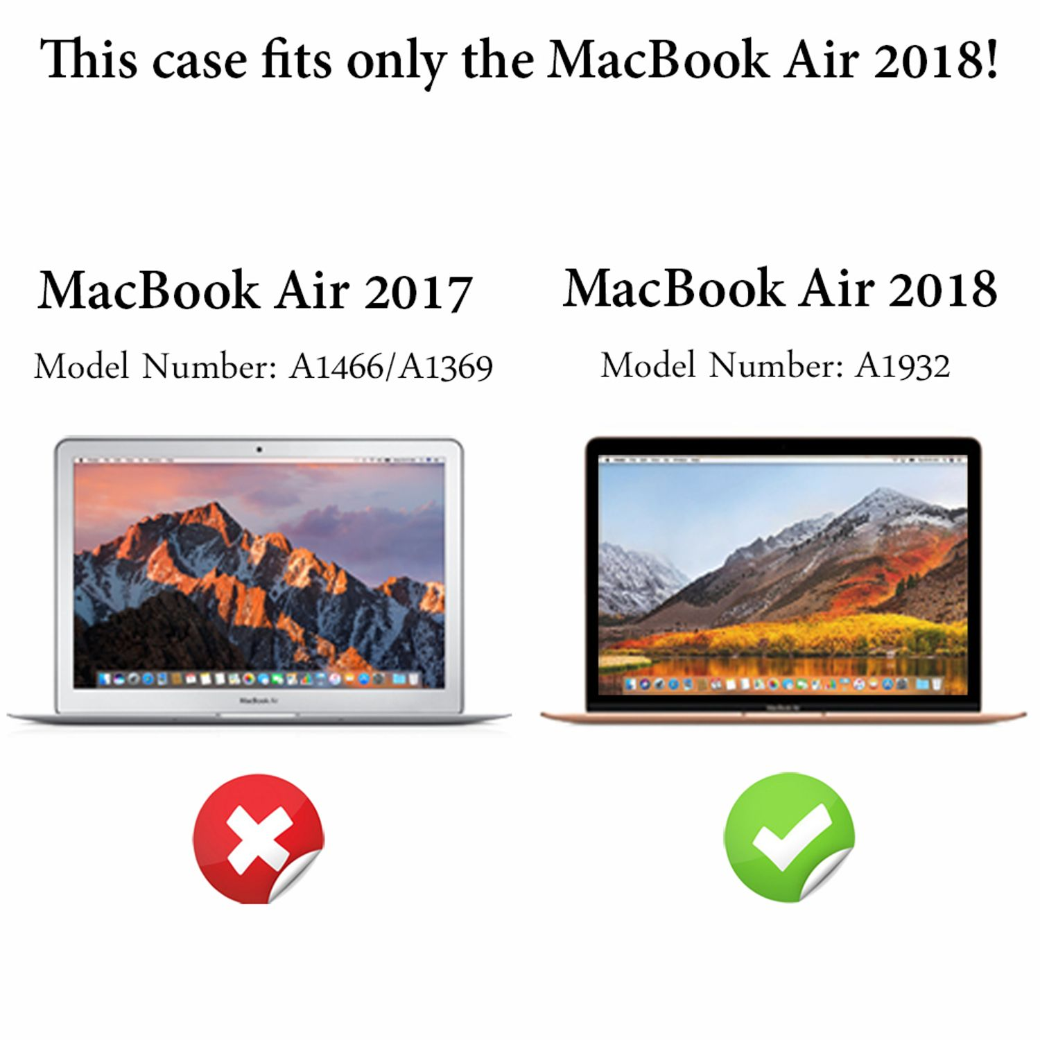 Zwei Laptops. Text: Diese Hülle passt nur für das MacBook Air 2018! Rotes X auf dem 2017er Modell.